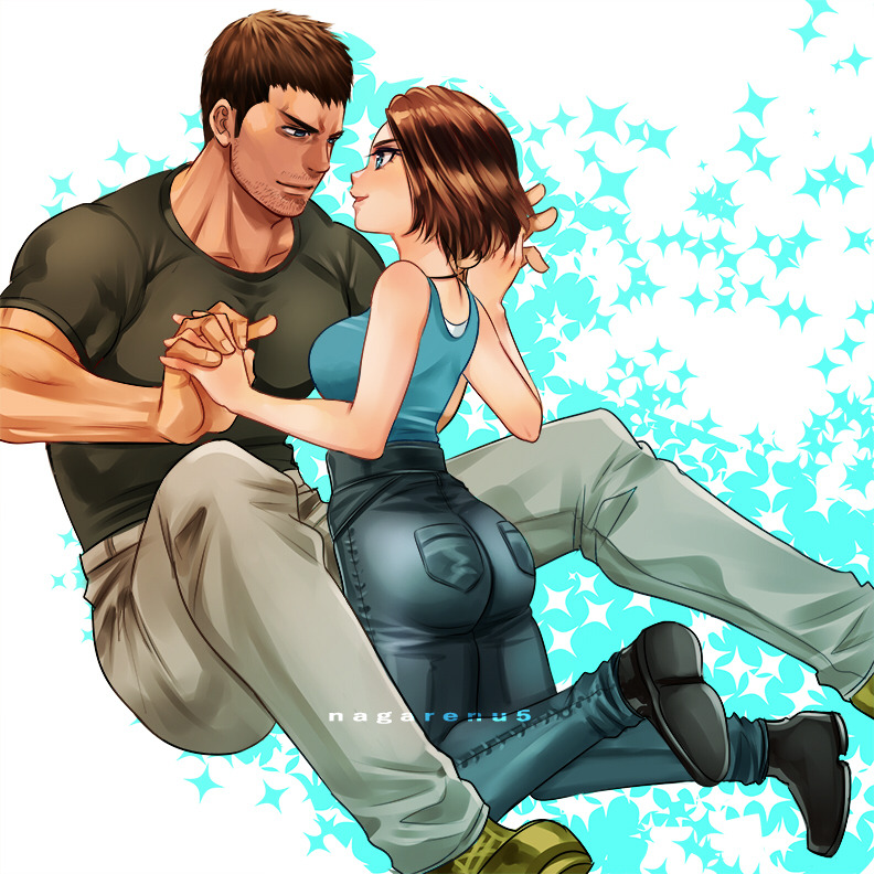 nagare, chris redfield, jill valentine, resident evil, resident evil: death island, 1boy, 1girl, beard stubble, black shirt, blue eyes, blue shirt, brown hair, denim, facial hair, holding hands, jeans, jewelry, necklace, pants, shirt, smile, stubble