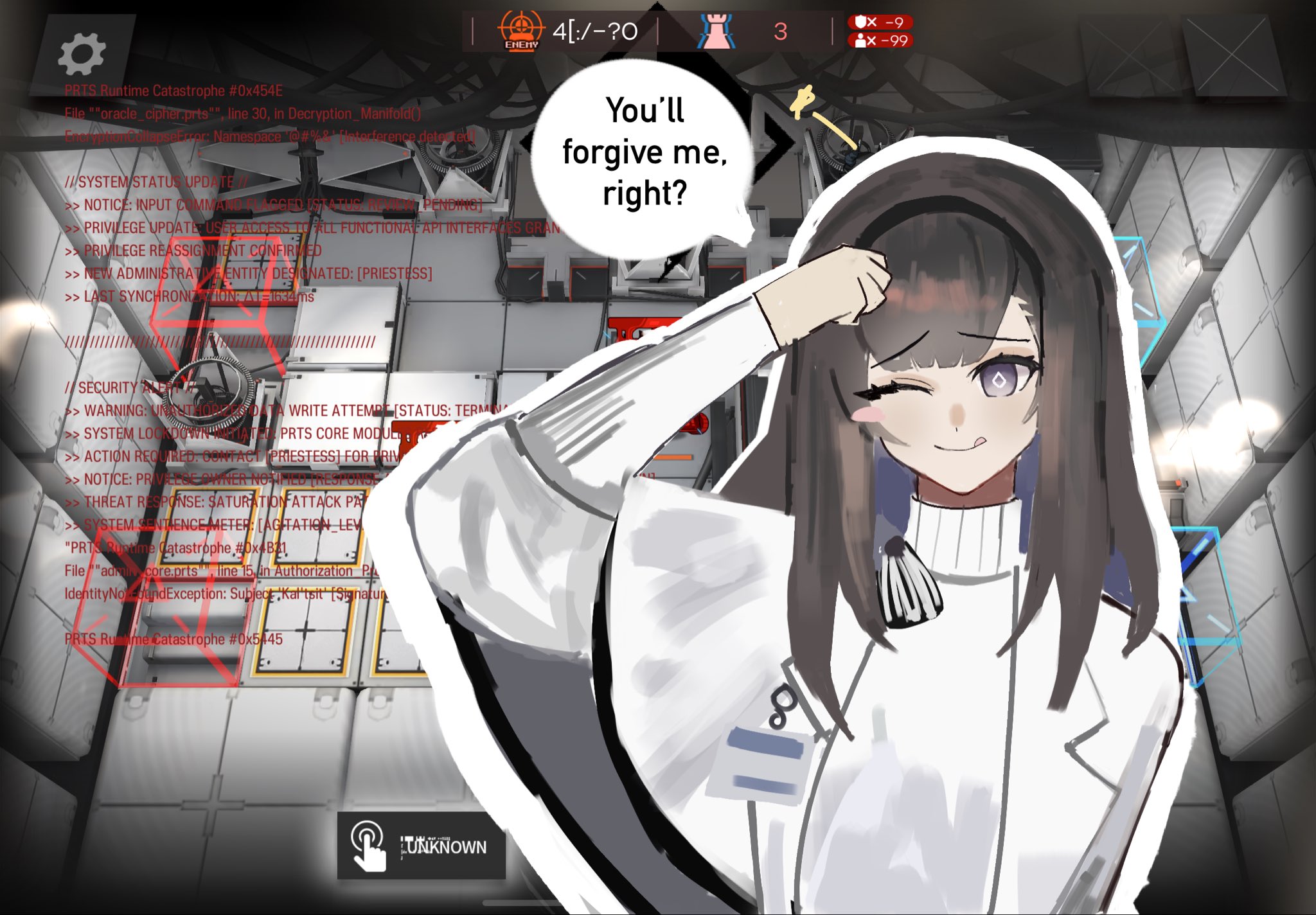 novaisaclockcat, priestess (arknights), arknights, commentary, english commentary, highres, spoilers, 1girl, black hair, black hairband, blush stickers, closed mouth, coat, diamond-shaped pupils, diamond (shape), english text, hairband, id card, lab coat, long hair, long sleeves, looking at viewer, one eye closed, purple eyes, single blush sticker, smile, solo, speech bubble, sweater, symbol-shaped pupils, tongue, tongue out, turtleneck, turtleneck sweater, upper body, white coat, white sweater