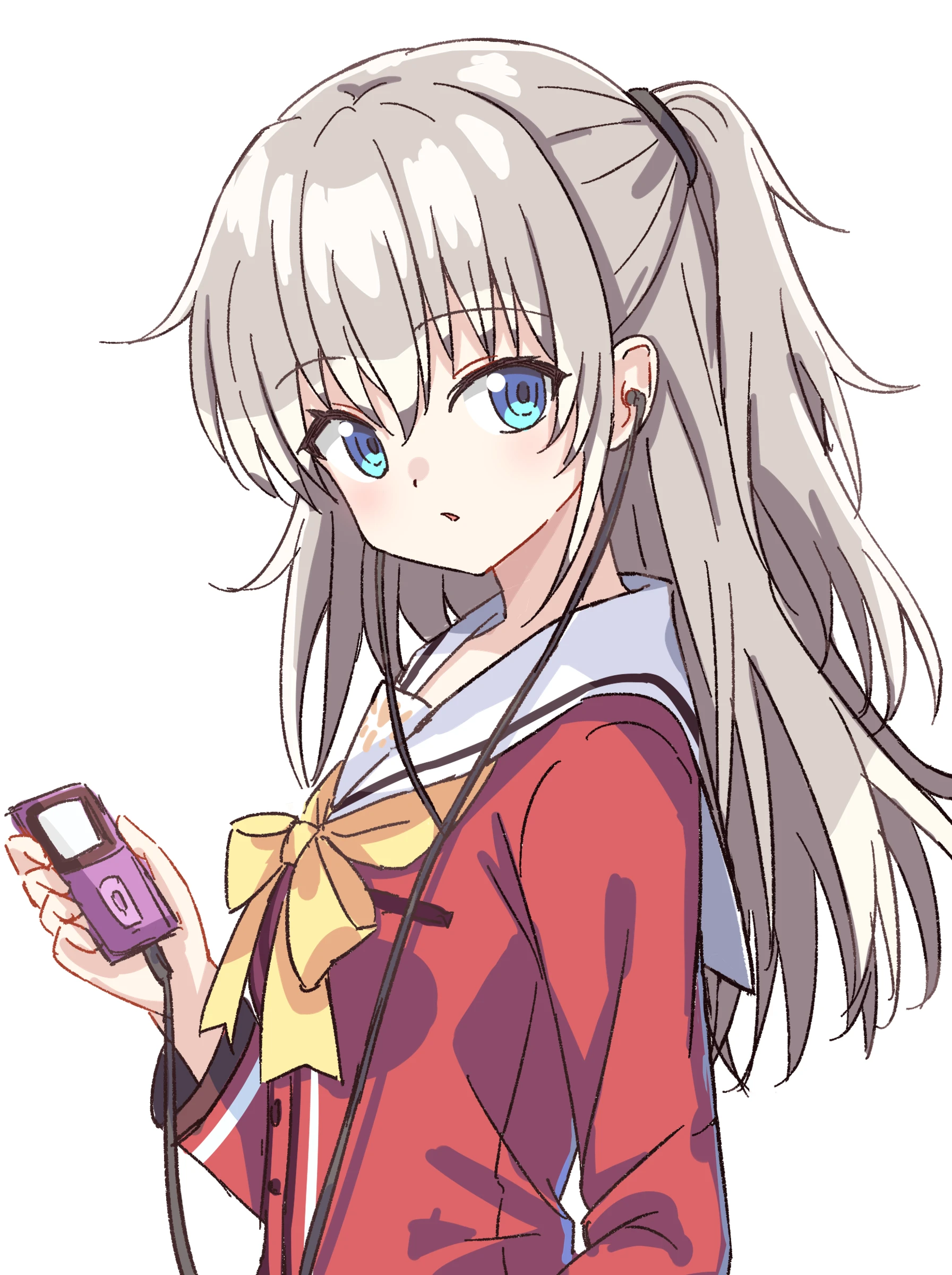 setteiset, tomori nao, charlotte (anime), absurdres, highres, 1girl, blue eyes, bow, bowtie, digital media player, earphones, from side, grey hair, hair between eyes, half updo, hand up, holding digital media player, hoshinoumi academy school uniform, light blush, long hair, long sleeves, looking at viewer, parted lips, red shirt, sailor collar, school uniform, serafuku, shirt, simple background, solo, two side up, upper body, white background, white sailor collar, yellow bow, yellow bowtie