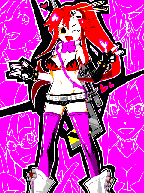 mot, yoko littner, tengen toppa gurren lagann, bad id, bad pixiv id, 00s, belt, bikini, bikini top only, gloves, one eye closed, ponytail, red hair, short shorts, shorts, solo, swimsuit, thighhighs, wink