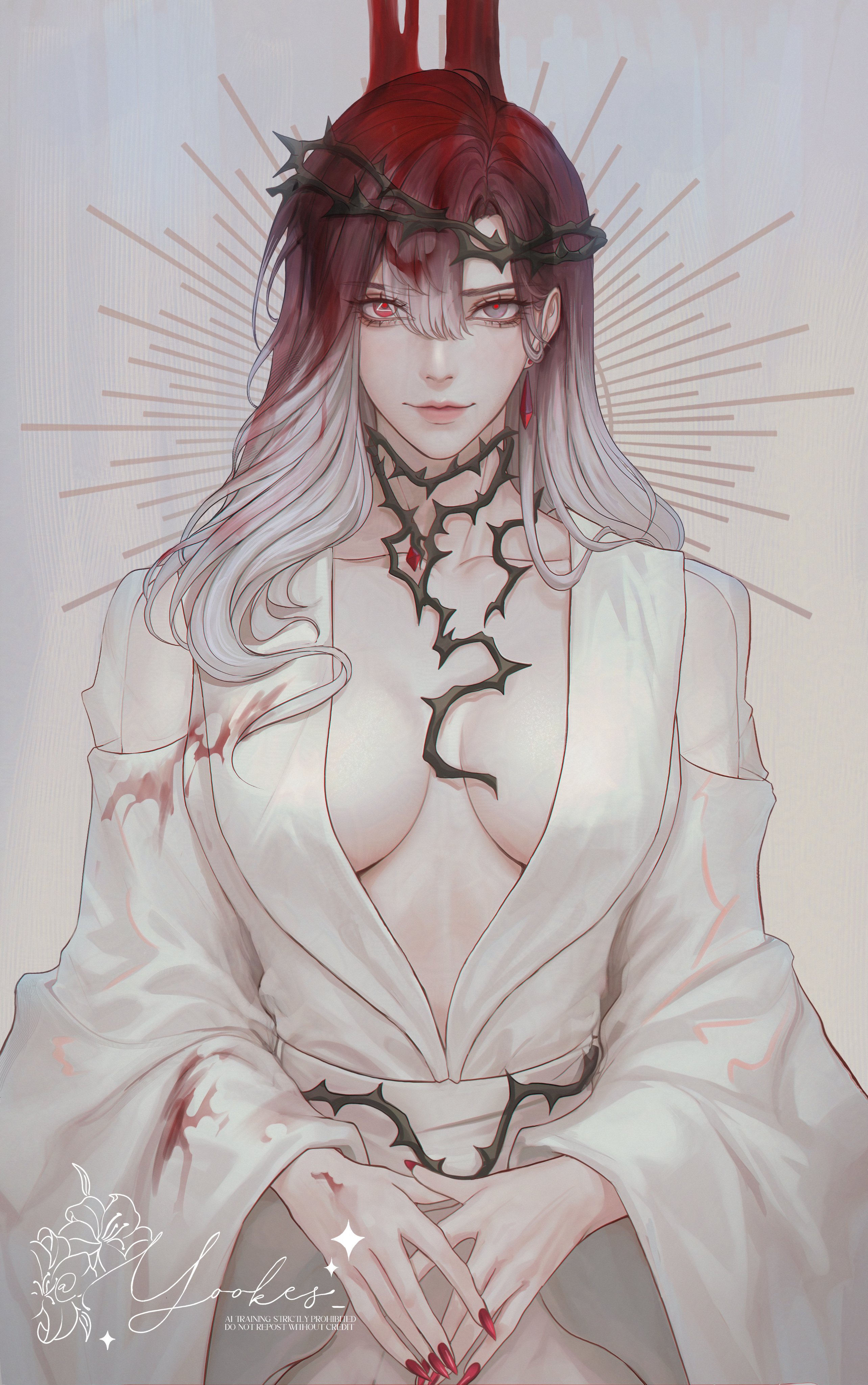 yuki lu, shalom (path to nowhere), path to nowhere, absurdres, highres, 1girl, blood, breasts, cleavage, crown of thorns, dress, gradient hair, multicolored hair, nail polish, plunging neckline, solo, upper body