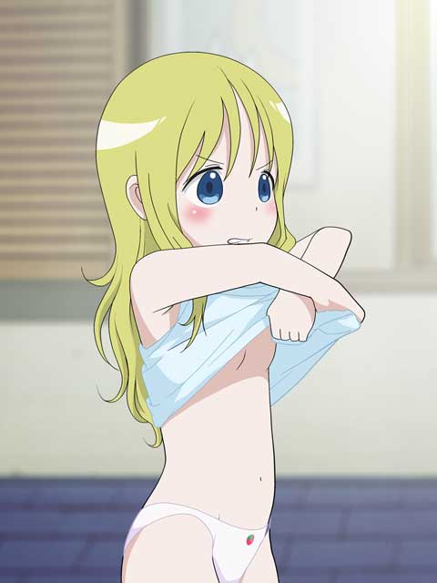 ana coppola, ichigo mashimaro, jpeg artifacts, non-web source, 1girl, blonde hair, blue eyes, blush, clothes lift, female focus, flat chest, loli, panties, print panties, shirt lift, solo, underwear, undressing