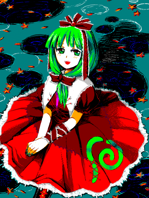 mot, kagiyama hina, touhou, bad id, bad pixiv id, 1girl, dress, female focus, front ponytail, green hair, smile, solo