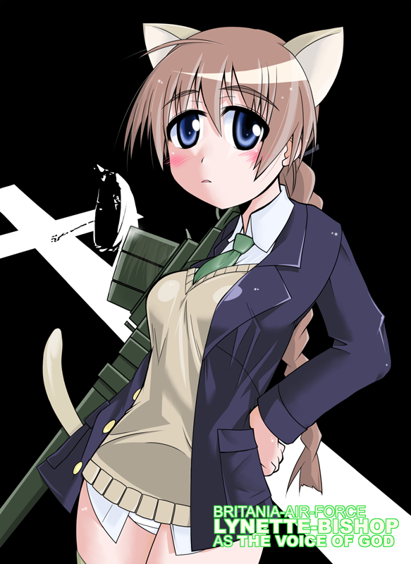ichiya uni, lynette bishop, monty python, strike witches, world witches series, 00s, 1girl, animal ears, bad anatomy, braid, brown hair, cat ears, cat tail, cross, female focus, panties, poorly drawn, solo, tail, the bishop, underwear