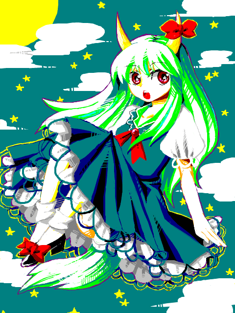 mot, ex-keine, kamishirasawa keine, touhou, bad id, bad pixiv id, 1girl, dress, female focus, full body, green hair, horns, outdoors, sky, socks, solo