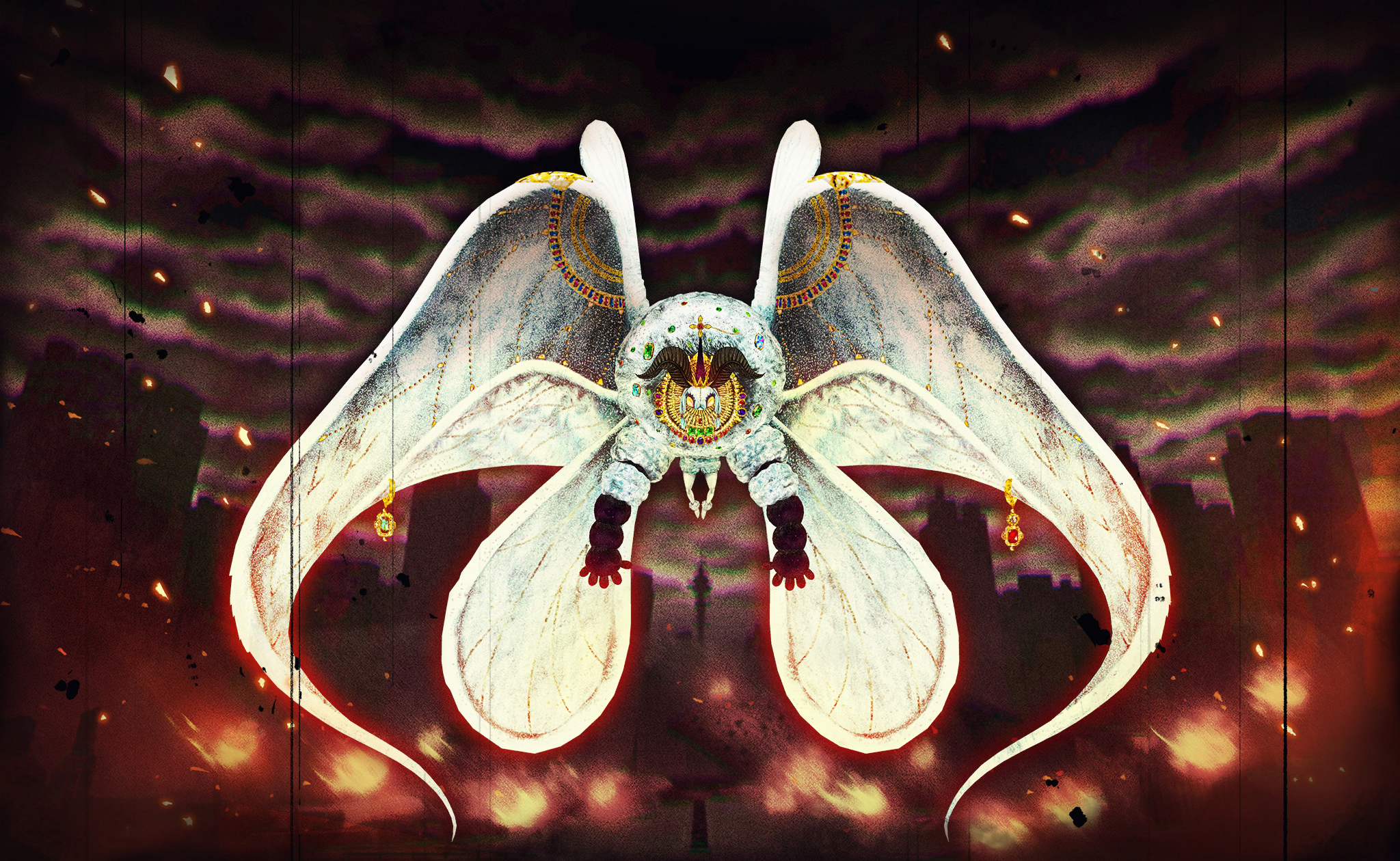 shitori egumo (madoka magica), magia record: mahou shoujo madoka magica gaiden, mahou shoujo madoka magica, mahou shoujo madoka magica magia exedra, artist request, highres, official art, building, city, cloud, cloudy sky, creature, creature focus, debris, embers, film grain, fire, goat horns, gold necklace, horns, jewelry, necklace, no humans, outdoors, oversized wings, radio tower, ruins, sky, skyscraper, solo, straight-on, wings, witch (madoka magica), yellow eyes