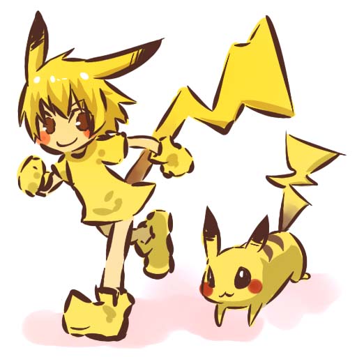 hitec, pikachu, moemon, nintendo, pokemon, pokemon rgby, 1990s (style), 1girl, :3, animal ears, blonde hair, blush stickers, brown eyes, costume, creature and personification, gen 1 pokemon, gloves, personification, pokemon (creature), retro artstyle, running, short hair, simple background, smile, tail