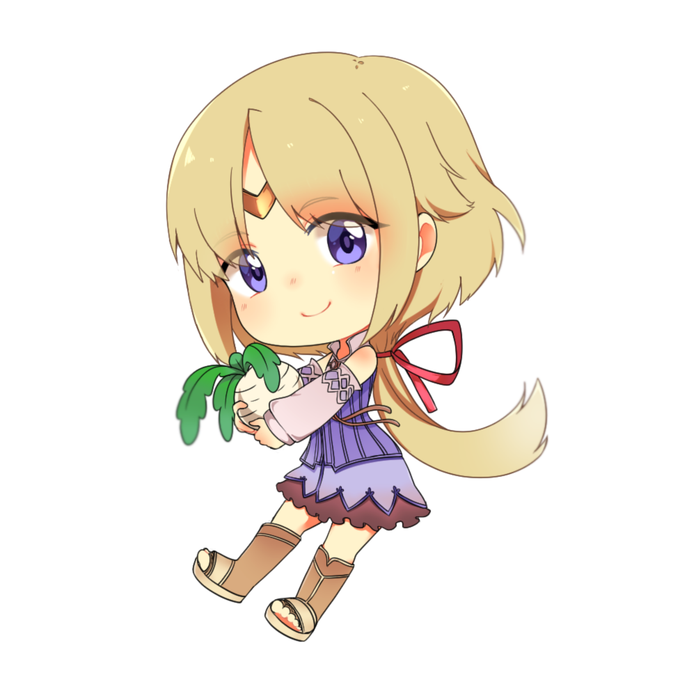 remurie, mist (rune factory), rune factory, rune factory frontier, commentary, 1girl, bare shoulders, blonde hair, blue dress, blue eyes, boots, chibi, closed mouth, dress, food, full body, holding, holding food, holding vegetable, low ponytail, no nose, open-toe boots, ponytail, simple background, smile, solo, turnip, vegetable, white background