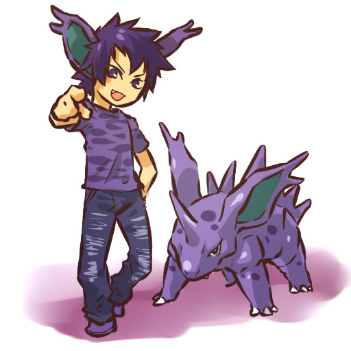 hitec, nidorino, moemon, nintendo, pokemon, pokemon rgby, 1990s (style), 1boy, animal ears, blush stickers, costume, creature and personification, fang, gen 1 pokemon, hand on own hip, hip focus, male focus, personification, pointing, pokemon (creature), purple eyes, purple hair, retro artstyle, short hair, simple background, standing