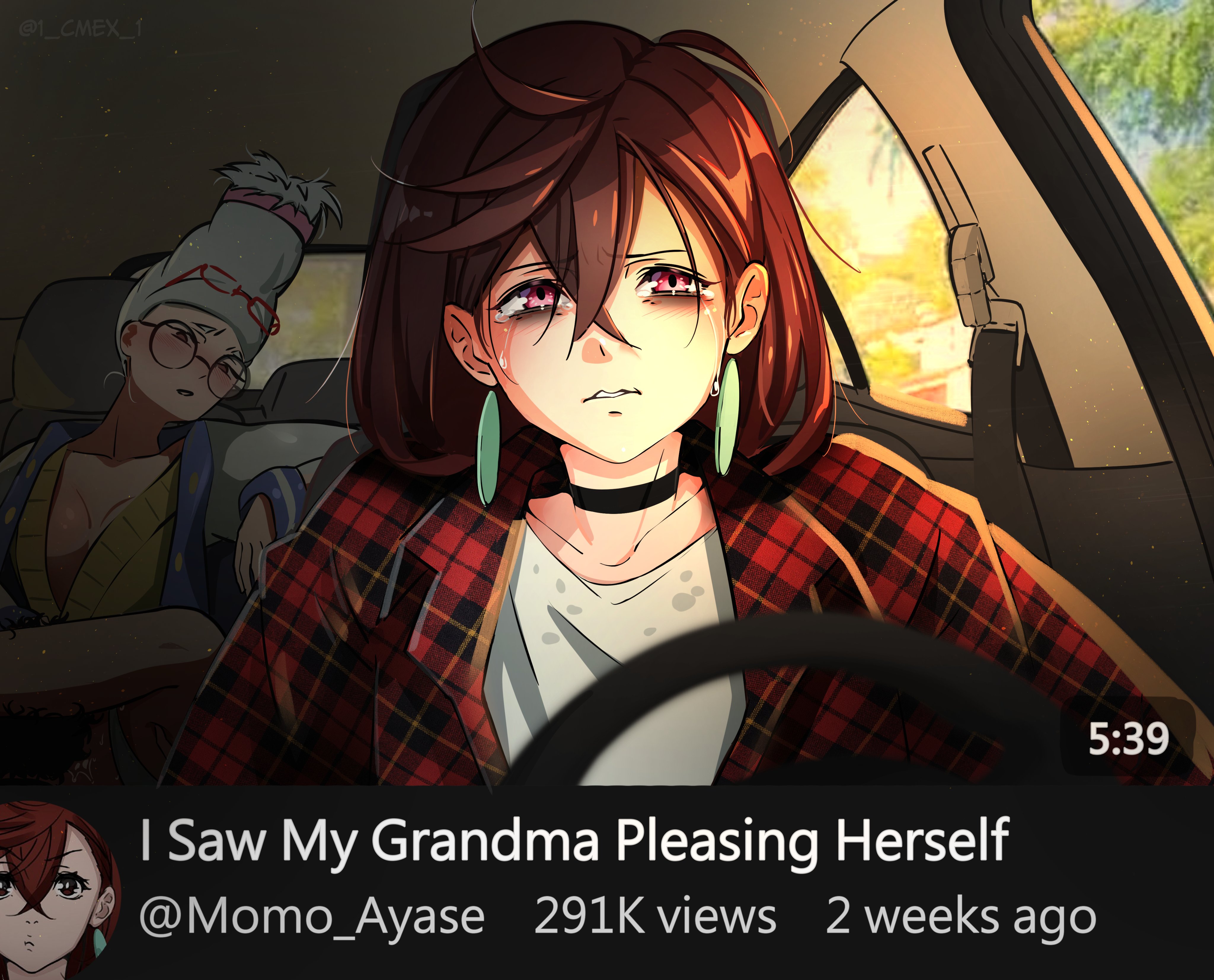ayase momo, ayase seiko, takakura ken (dandadan), dandadan, absurdres, commentary, hashtag-only commentary, highres, 1 cmex 1, 1boy, 2girls, bags under eyes, black choker, breasts, brown hair, car interior, choker, cleavage, crying, cunnilingus, dan hentschel, earrings, english text, eyewear on head, fake screenshot, glasses, grandmother and granddaughter, grey hair, hetero, jacket, jewelry, large breasts, letterman jacket, multiple girls, oral, pink eyes, plaid clothes, plaid jacket, round eyewear, streaming tears, tears