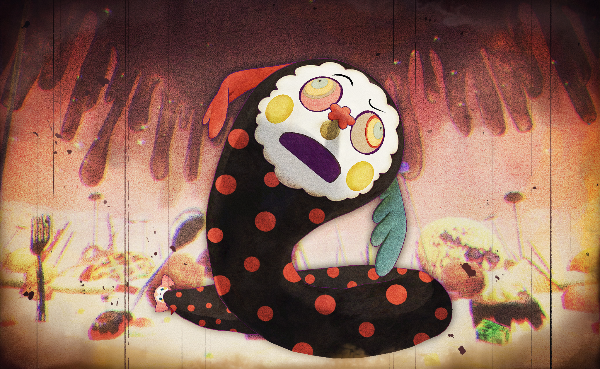 charlotte (madoka magica), magia record: mahou shoujo madoka magica gaiden, mahou shoujo madoka magica, mahou shoujo madoka magica magia exedra, artist request, game cg, highres, official art, blush stickers, candy, cookie, creature, creature focus, cross-eyed, defeat, dizzy, doll, film grain, food, fork, frown, icing, light particles, mismatched sclera, no humans, open mouth, solo, witch's labyrinth, witch (madoka magica)