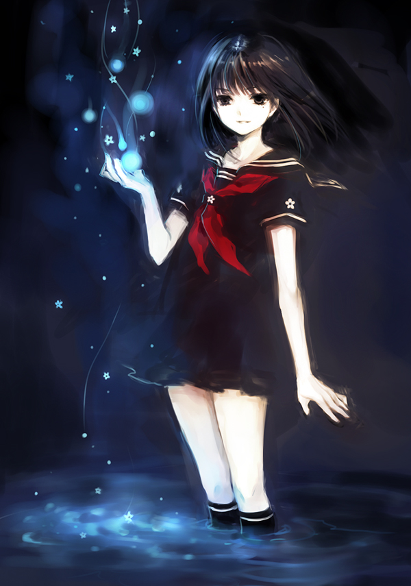 tearfish, original, 1girl, black eyes, black hair, female focus, flower, glowing, long hair, magic, mole, mole under eye, school uniform, serafuku, soaking feet, solo, standing, submerged, wading, water