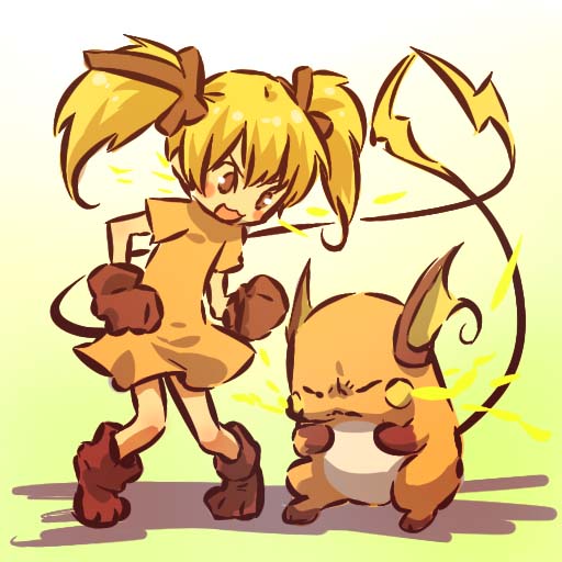 hitec, raichu, moemon, nintendo, pokemon, pokemon rgby, >:3, > <, 1990s (style), 1girl, :3, blonde hair, blush stickers, brown eyes, closed eyes, creature and personification, electricity, gen 1 pokemon, gloves, lightning, long hair, open mouth, personification, pokemon (creature), retro artstyle, simple background, standing, tail, twintails, v-shaped eyebrows