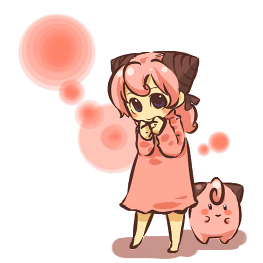 hitec, cleffa, moemon, nintendo, pokemon, pokemon gsc, pokemon rgby, 1990s (style), 1girl, barefoot, blue eyes, blush stickers, chibi, creature and personification, dress, gen 2 pokemon, hand to own mouth, horns, long hair, personification, pink hair, pink theme, pokemon (creature), retro artstyle, simple background, standing
