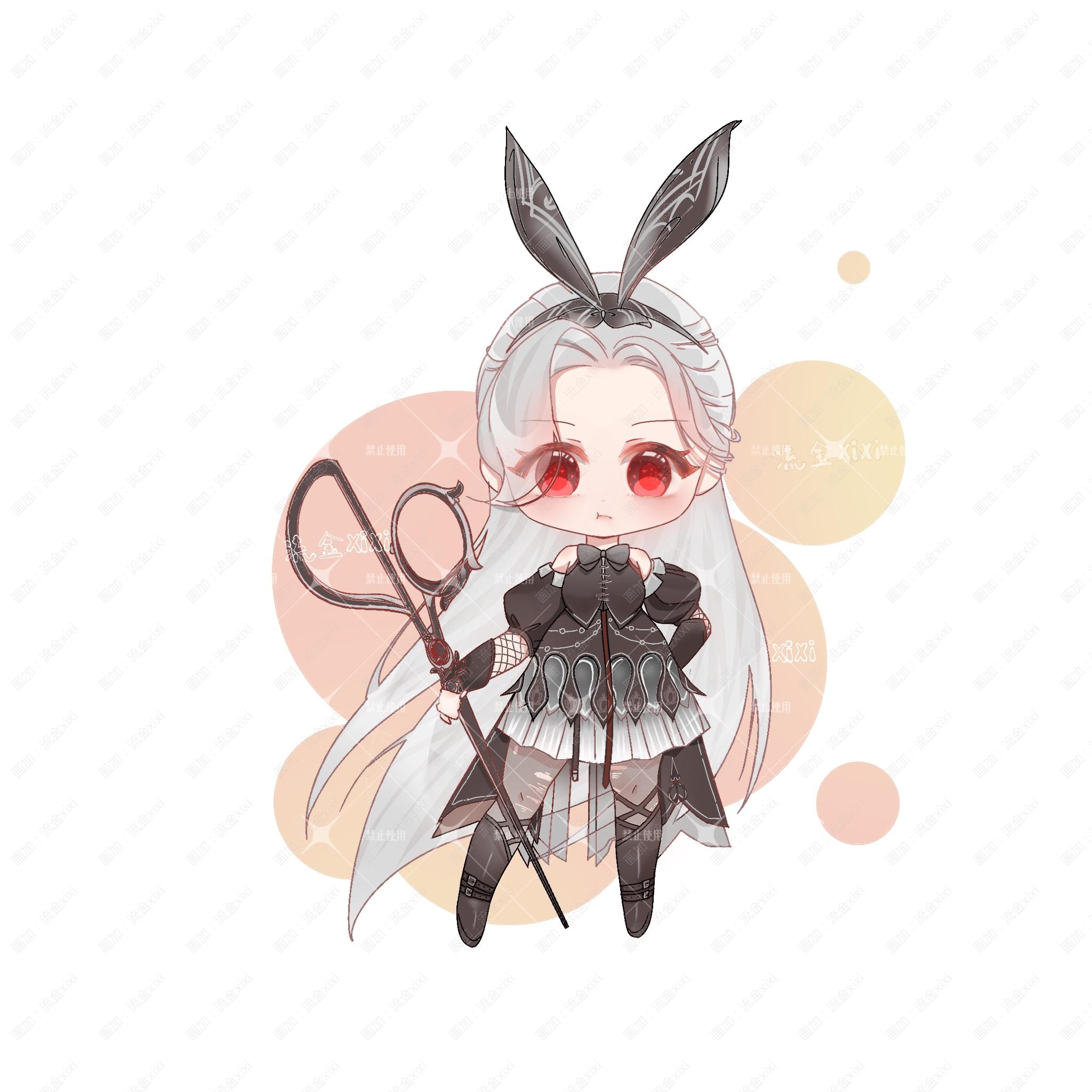 aderinna (infinity nikki), infinity nikki, nikki (series), chinese commentary, commentary request, highres, procreate (medium), 1girl, :t, annoyed, belt, belt buckle, black belt, black boots, black bow, black bowtie, black gloves, black hairband, black shirt, black skirt, black sleeves, boots, bow, bow hairband, bowtie, bubble, buckle, chibi, closed mouth, coattails, detached sleeves, dot nose, eyelashes, eyes visible through hair, fingerless gloves, fishnet sleeves, fishnets, frilled skirt, frills, gloves, gradient clothes, gradient skirt, grey hair, grey pantyhose, grey skirt, hair over one eye, hairband, hand on own hip, holding, holding scissors, knee boots, knees, layered sleeves, light blush, long hair, long sleeves, looking at viewer, miniskirt, oversized object, pantyhose, pleated skirt, pout, puffy short sleeves, puffy sleeves, qingmuxianye, red eyes, sample watermark, scissors, see-through pantyhose, shirt, shoe belt, short over long sleeves, short sleeves, skirt, skirt set, sleeveless, sleeveless shirt, solo, standing, straight-on, straight hair, striped clothes, striped skirt, tareme, vertical-striped clothes, vertical-striped skirt, very long hair, watermark, watermark grid, weapon, white background