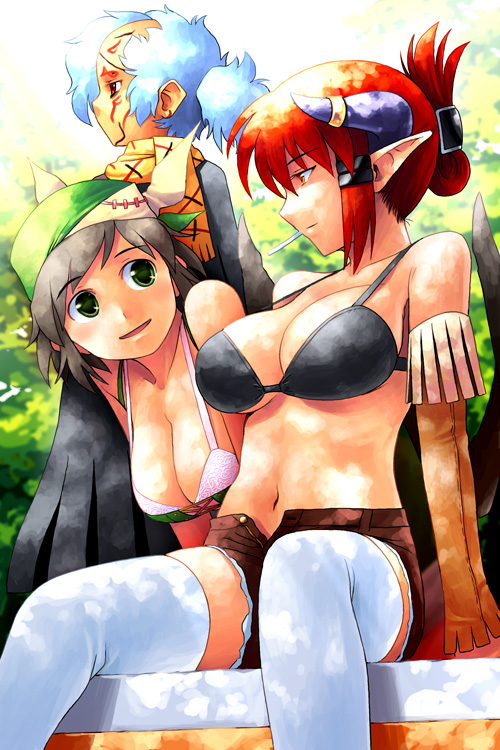 noise (tsuzuki), pixiv fantasia, pixiv fantasia 2, 3girls, bandana, bikini, bikini top only, breasts, cigarette, cleavage, denim, denim shorts, horns, large breasts, multiple girls, open fly, open zipper, pointy ears, red hair, shorts, swimsuit, tail, thighhighs, unzipped, zipper