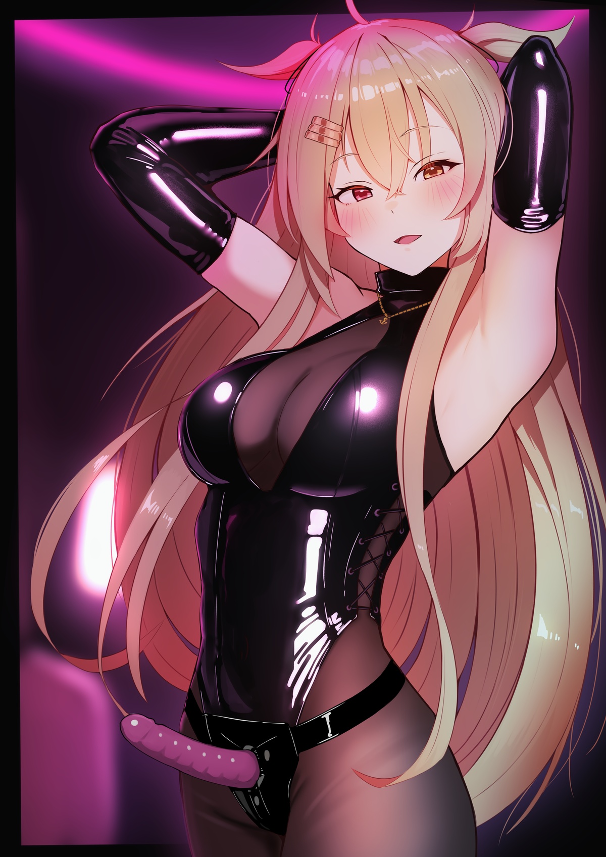 katsuten, murasame (kancolle), kantai collection, highres, 1girl, :d, ahoge, armpits, arms up, black gloves, blonde hair, blush, bodystocking, bondage outfit, breasts, brown eyes, cowboy shot, dildo, elbow gloves, gloves, hair flaps, hair ornament, hairclip, heterochromia, jewelry, large breasts, latex, latex gloves, long hair, looking at viewer, necklace, open mouth, red eyes, sex toy, smile, solo, strap-on, very long hair