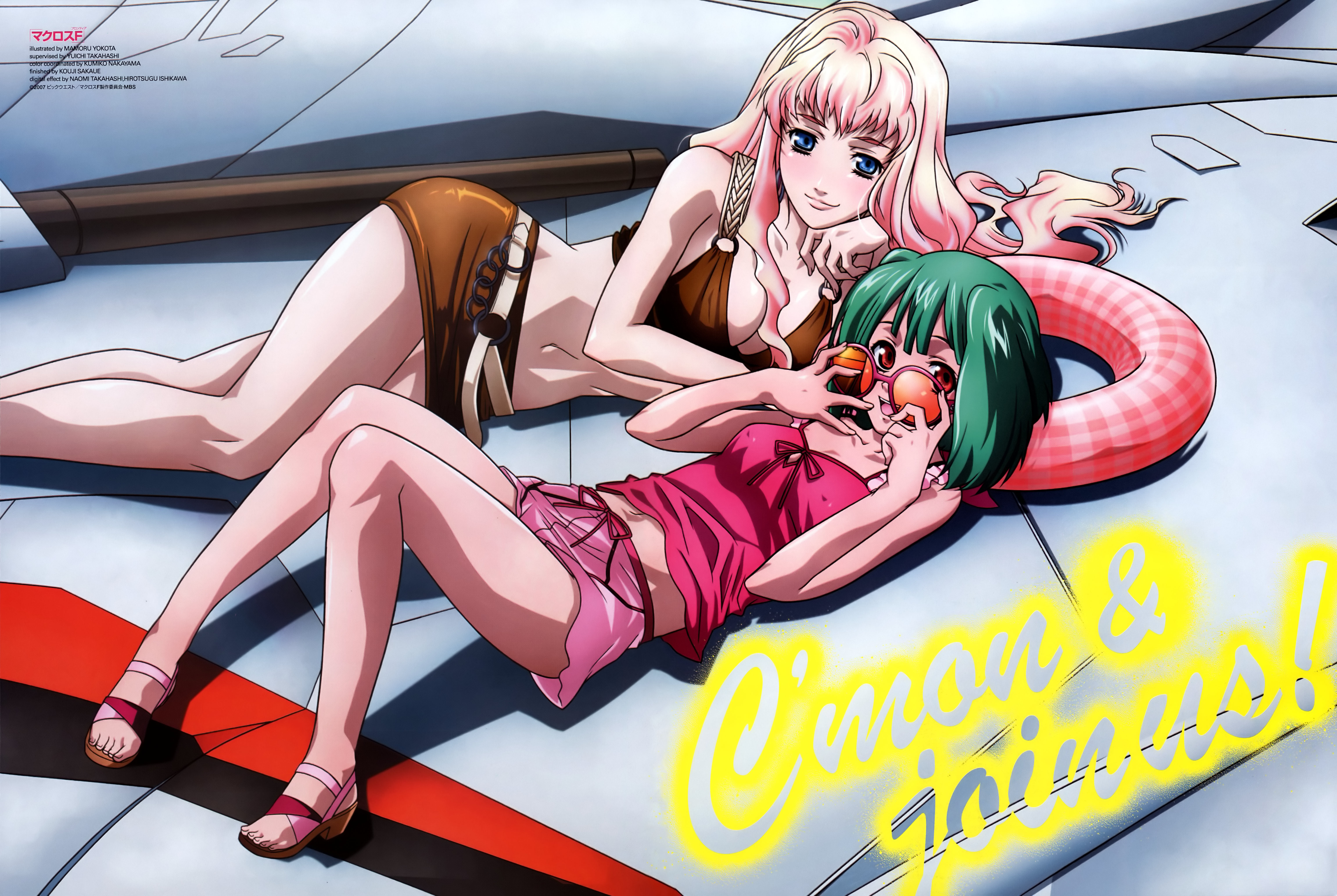 yokota mamoru, ranka lee, sheryl nome, macross, macross frontier, absurdres, highres, 00s, 2girls, adjusting eyewear, belt, blonde hair, blue eyes, breasts, camisole, cleavage, covered erect nipples, crop top, flat chest, glasses, green hair, innertube, large breasts, lying, midriff, miniskirt, multiple girls, on back, on side, pencil skirt, red eyes, sandals, skirt, smile, sunglasses, swim ring