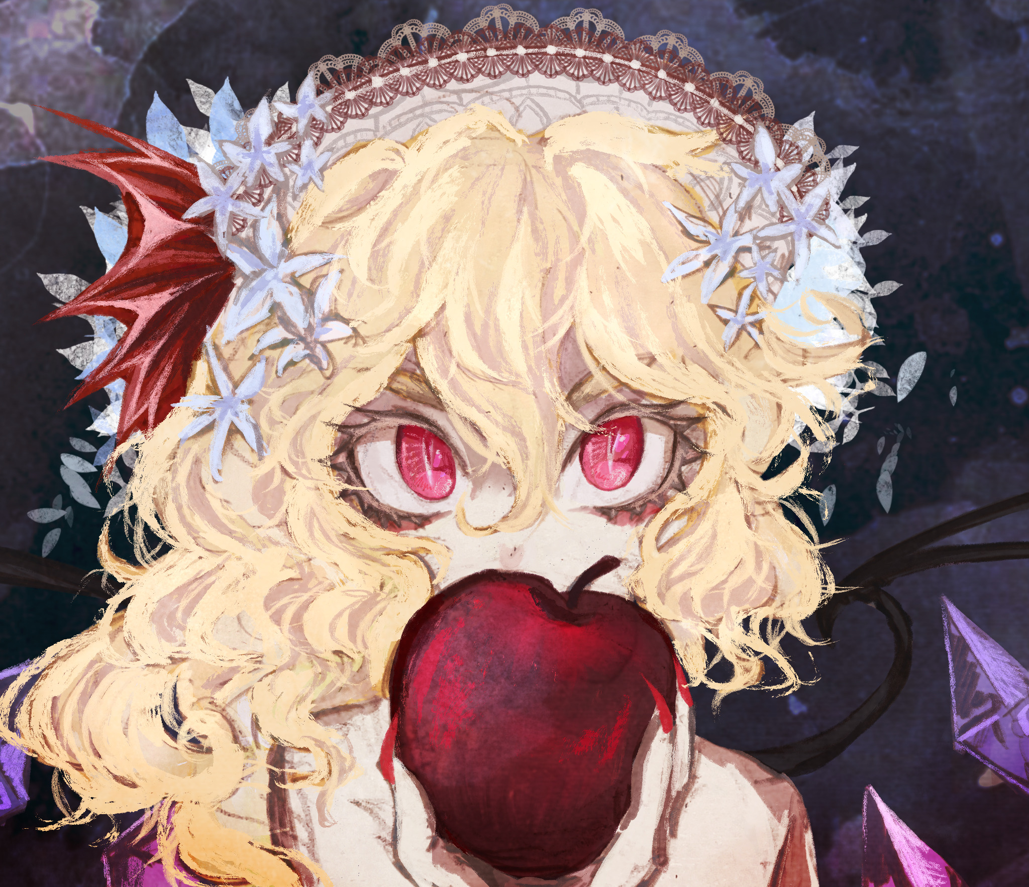aculka-the-shark, flandre scarlet, touhou, commentary, highres, adapted costume, apple, ascot, bat wings, biting, blonde hair, crystal wings, fingernails, flower, food, fruit, hair flower, hair ornament, hat, looking at viewer, mob cap, multicolored wings, nail polish, red eyes, red vest, sharp fingernails, side ponytail, vest, white hat, wings, yellow ascot