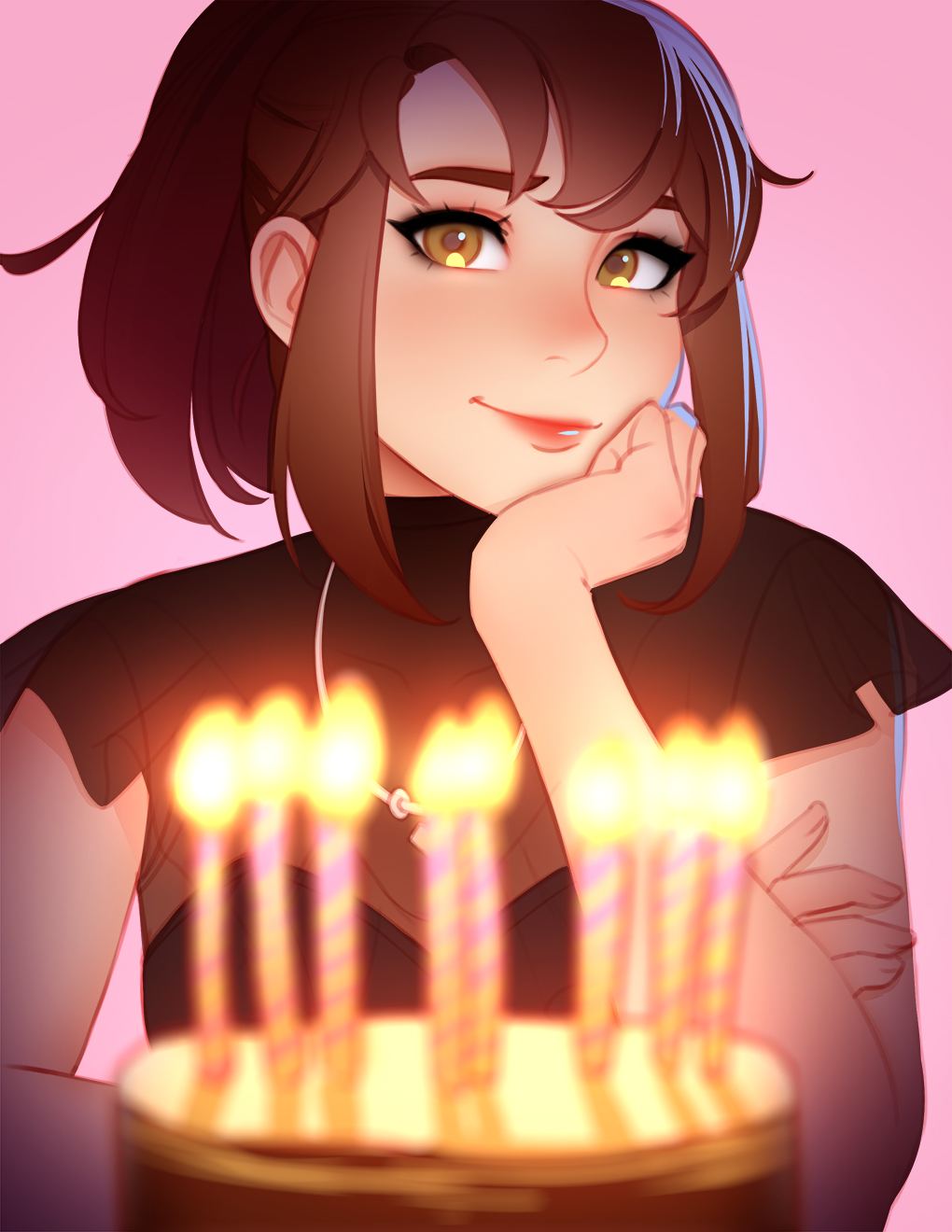 tsuaii, original, highres, 1girl, birthday cake, black bra, bra, breasts, brown eyes, brown hair, cake, candle, crossed arms, eyelashes, food, heart, heart necklace, jewelry, leah koenig, lips, long hair, looking at viewer, necklace, ponytail, see-through clothes, see-through shirt, shirt, sidelocks, smile, solo, teeth, underwear