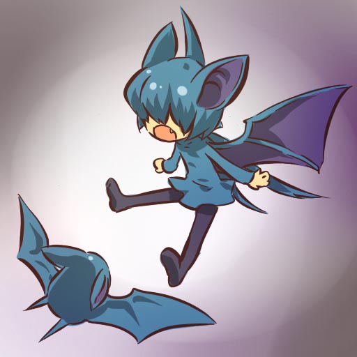 hitec, zubat, moemon, nintendo, pokemon, pokemon rgby, 1990s (style), 1girl, animal ears, blue hair, costume, creature and personification, fang, gen 1 pokemon, hair over eyes, pantyhose, personification, pokemon (creature), retro artstyle, short hair, simple background, turtleneck, wings