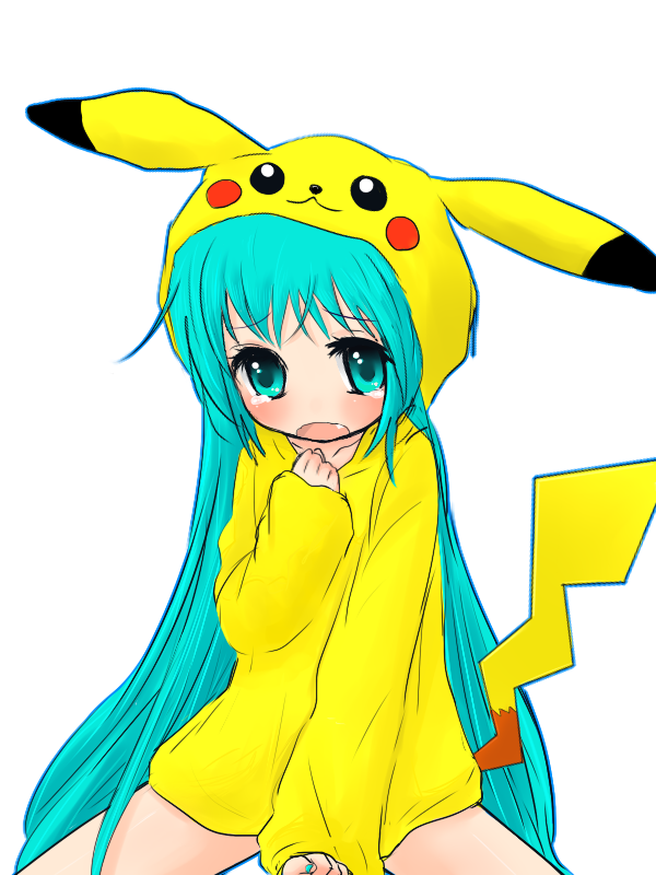orange coffee, hatsune miku, pikachu, nintendo, pokemon, vocaloid, bad id, bad pixiv id, 1girl, blue eyes, blue hair, blue nails, blush, cosplay, costume, female focus, gen 1 pokemon, hood, long hair, matching hair/eyes, nail polish, pikachu (cosplay), simple background, solo, tears, white background
