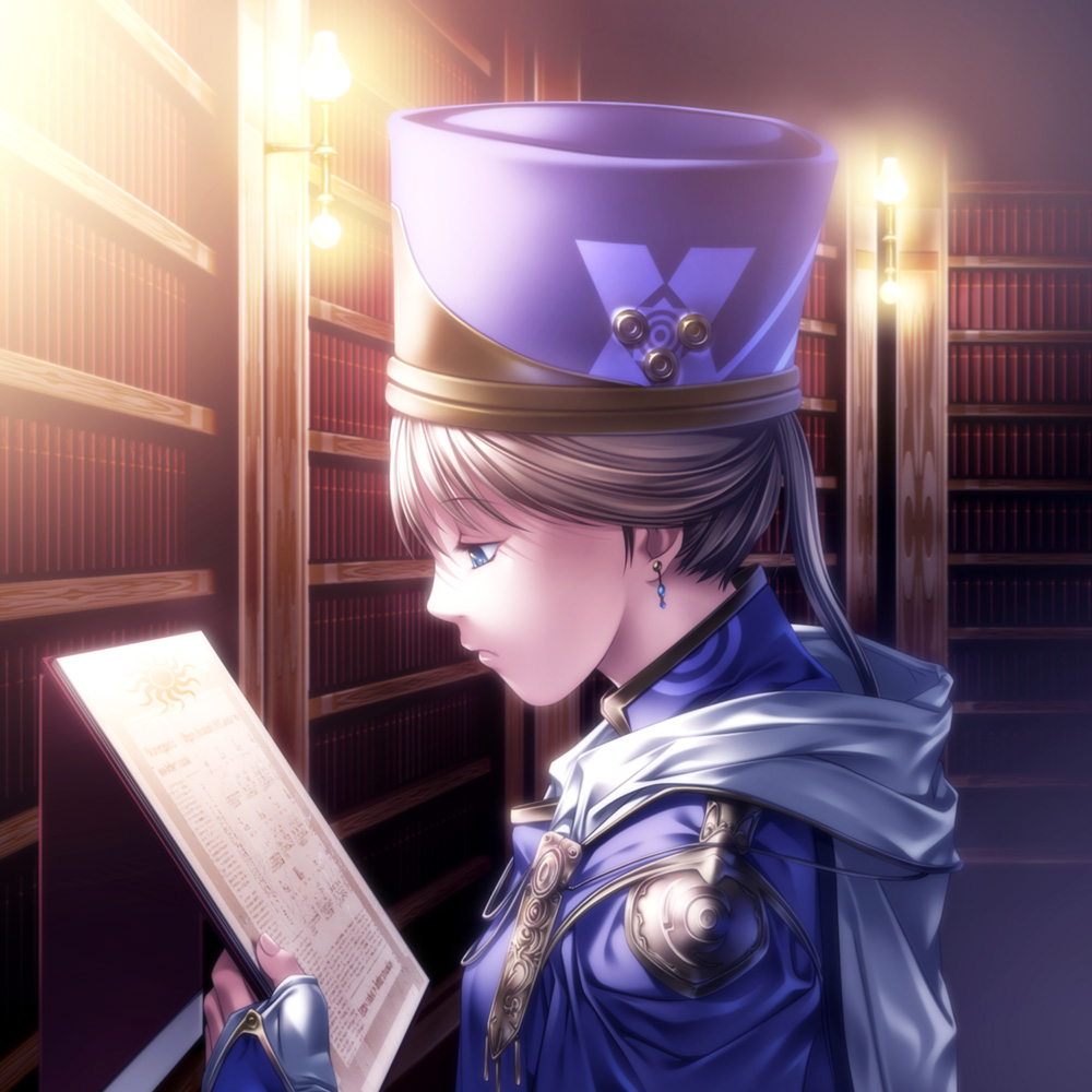 rezi, original, bad id, bad pixiv id, blonde hair, blue eyes, book, bookshelf, hat, librarian, library, solo