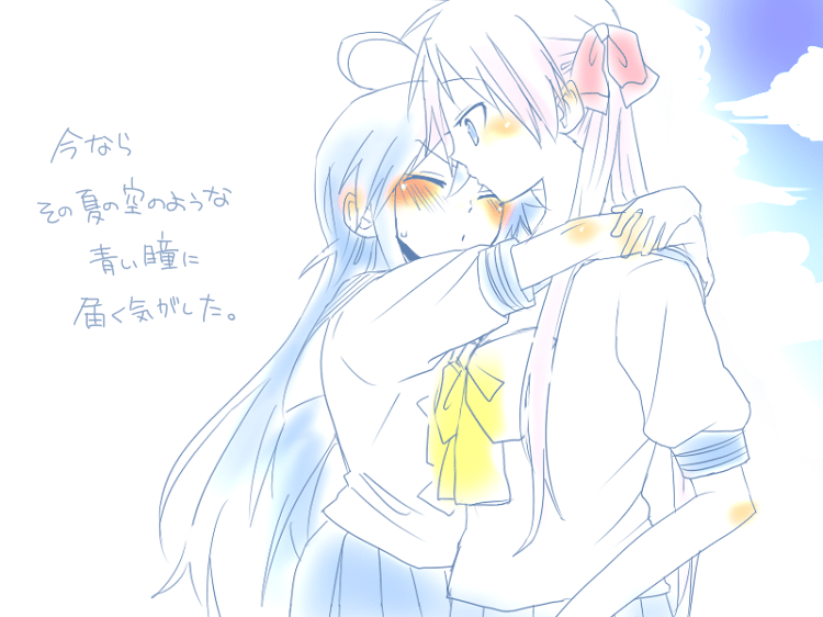 kochoko, hiiragi kagami, izumi konata, lucky star, bad id, bad pixiv id, translation request, 00s, 2girls, blush, multiple girls, yuri