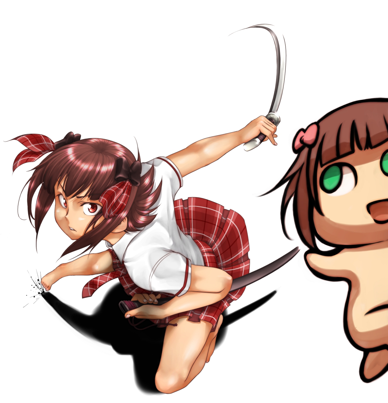 ttomm, amami haruka, nonowa, idolmaster, idolmaster (classic), idolmaster 1, highres, 00s, action, barefoot, school uniform, serafuku, sword, weapon