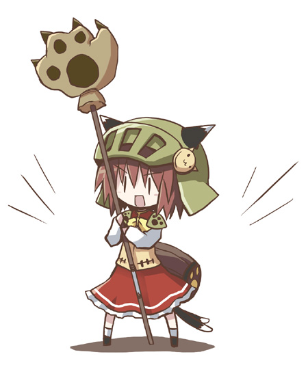 dorua (dollar), chen, capcom, monster hunter (series), touhou, 1girl, :3, animal ears, cat ears, cat girl, cat tail, chibi, ears through headwear, female focus, hat, helmet, multiple tails, parody, simple background, skirt, solo, tail, white background