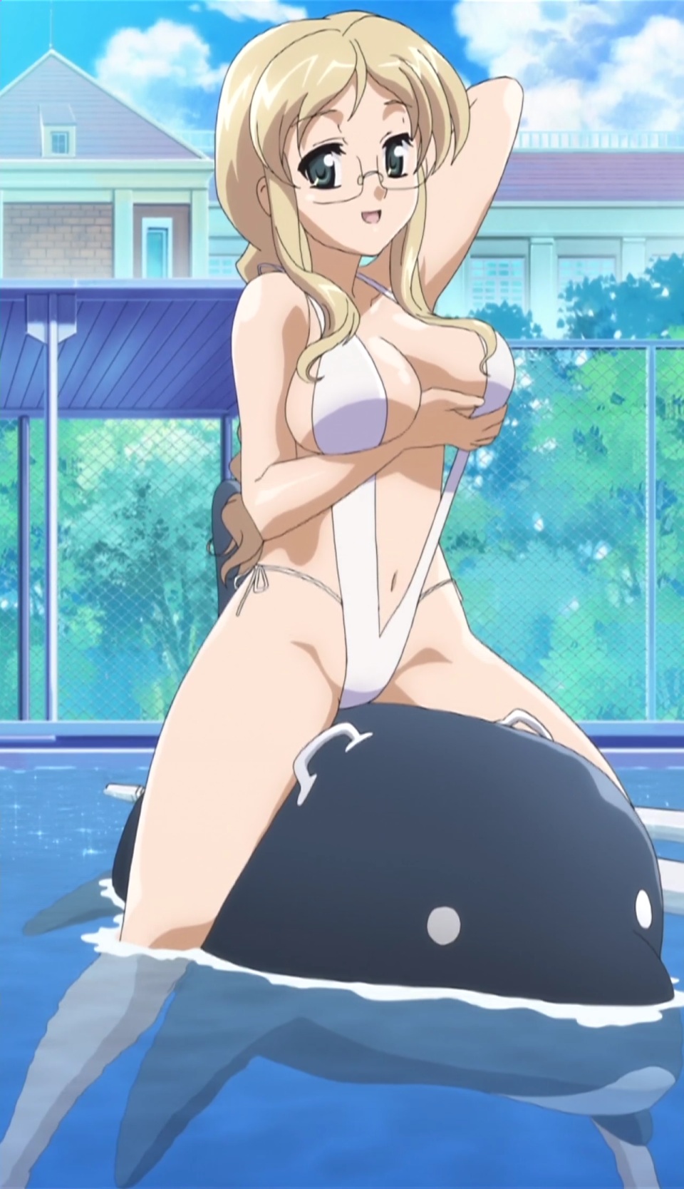 kamishiro yukari, kamishiro yukari (nogizaka), kamishiro yukari (nogizaka haruka), nogizaka haruka no himitsu, anime screenshot, highres, stitched, third-party edit, 00s, 1girl, black eyes, blonde hair, breasts, chain-link fence, cleavage, dolphin, female focus, fence, glasses, inflatable raft, inflatable toy, long hair, pool, slingshot swimsuit, solo, swimsuit