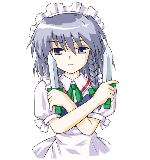 kotowari (newtype kenkyuujo), izayoi sakuya, touhou, silver hair, 1girl, female focus, grey eyes, knife, maid, solo, throwing knife, weapon