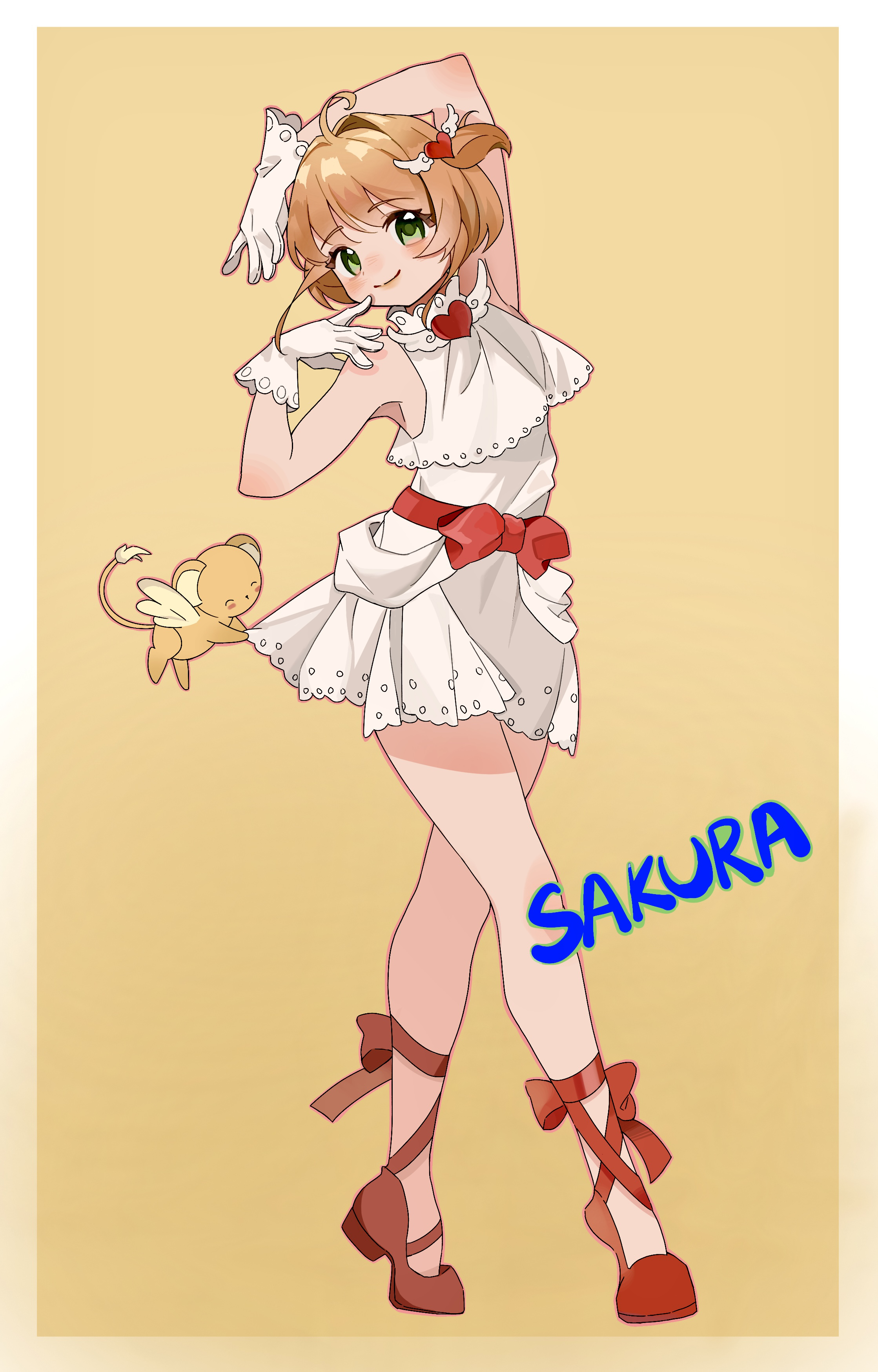 kero (cardcaptor sakura), kinomoto sakura, cardcaptor sakura, absurdres, chinese commentary, commentary request, highres, 1girl, ahoge, arm over head, bare shoulders, border, bow, bow legwear, brooch, brown hair, character name, closed mouth, clothes grab, crop top, crossed legs, dress, dress under shirt, eyelashes, ferret, finger to mouth, full body, gloves, gradient border, green eyes, hair intakes, hair ornament, happy, heart, heart brooch, heart hair ornament, helmet, high heels, jewelry, knees, leg ribbon, light blush, looking at viewer, pleated dress, pumps, red bow, red ribbon, red shoes, ribbon, shirt, shoes, short dress, short hair with long locks, sidelocks, simple background, skirt grab, sleeveless, sleeveless dress, sleeveless shirt, smile, standing, tareme, two-tone border, two side up, waist bow, white border, white dress, white gloves, white shirt, winged animal, winged helmet, yellow background, yellow border, yonghu230350137