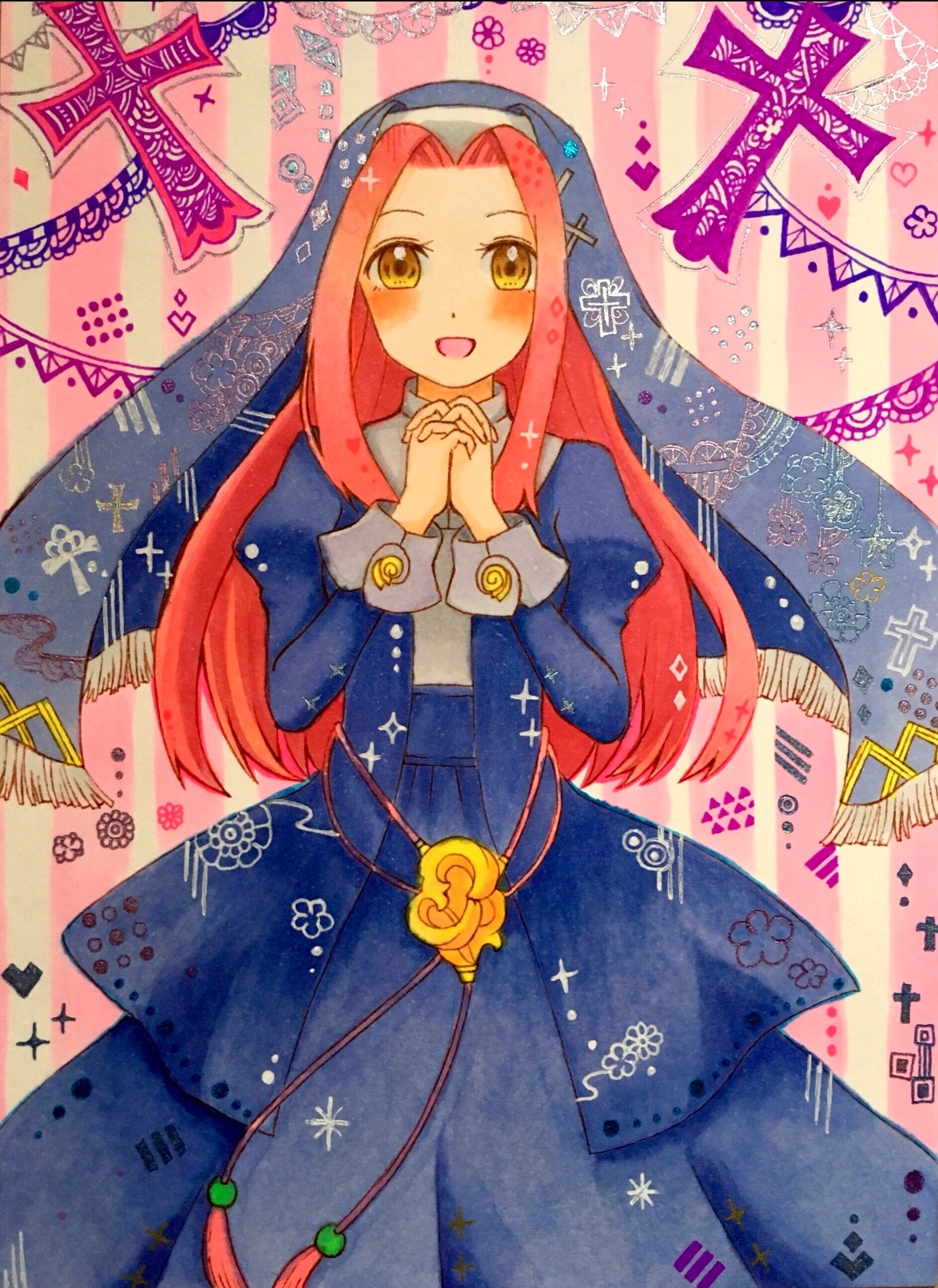 lara (rune factory), rune factory, rune factory frontier, absurdres, highres, traditional media, :d, blush, cowboy shot, cross, facing viewer, heart, juliet sleeves, koyomi1222, latin cross, long hair, long sleeves, nun, open mouth, own hands together, pink background, puffy sleeves, red hair, smile, solo, straight hair, striped background, vertical-striped background, yellow eyes