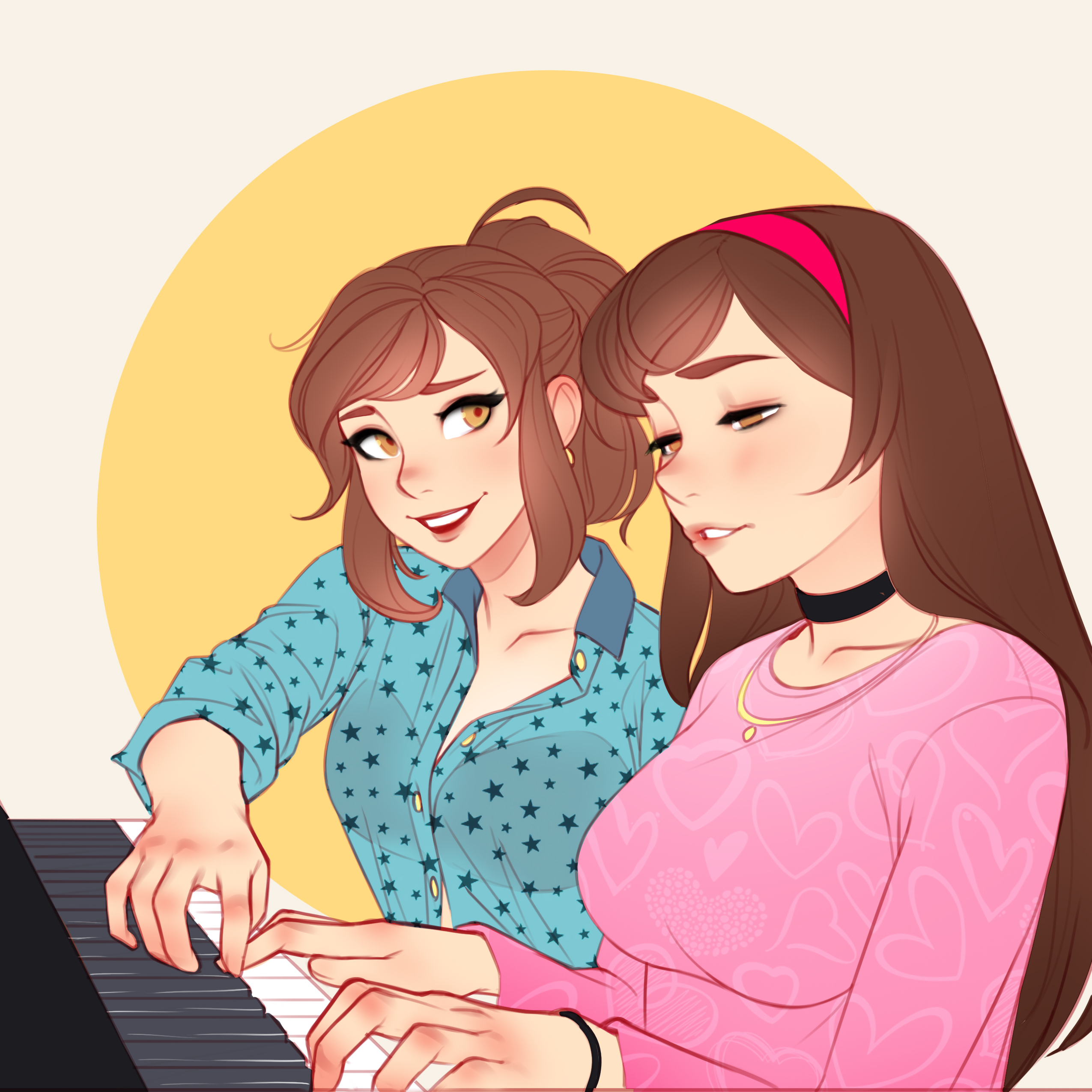 tsuaii, mea koenig, original, absurdres, highres, 2girls, armlet, black bra, black choker, bra, breasts, brown eyes, brown hair, choker, collarbone, from side, hairband, half-closed eyes, instrument, jewelry, large breasts, leah koenig, lipstick, long hair, long sleeves, looking at another, makeup, multiple girls, music, necklace, parted lips, partially open shirt, pink hairband, playing instrument, playing piano, ponytail, see-through clothes, see-through shirt, shirt, siblings, sidelocks, sisters, sitting, straight hair, teeth, underwear, upper teeth only