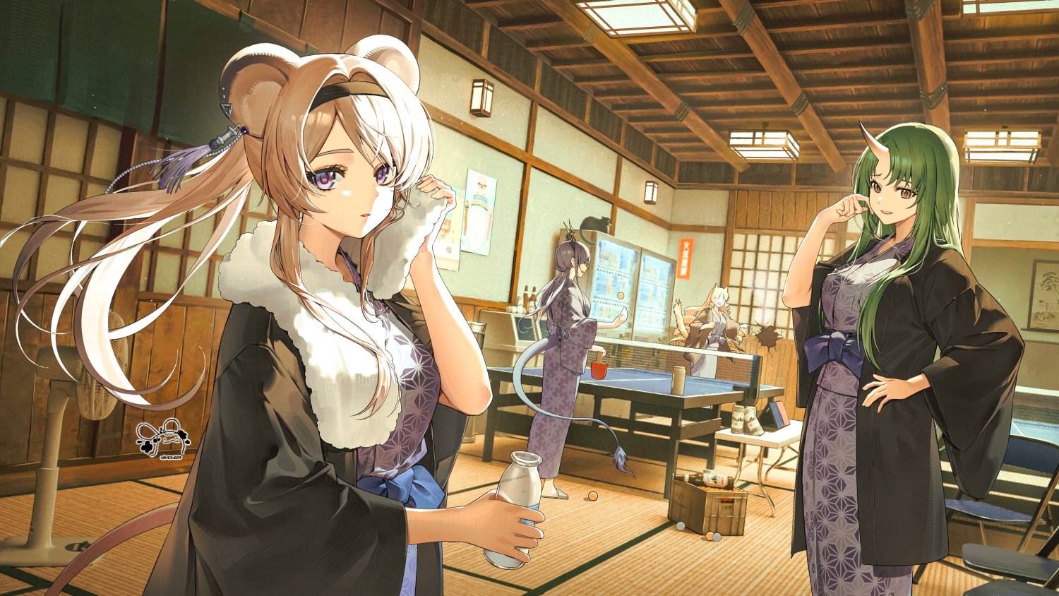 gy1966, ch'en (arknights), hoshiguma (arknights), lin (arknights), swire (arknights), arknights, 4girls, animal ears, artist name, bath yukata, black hairband, blonde hair, blue hair, bottle, breasts, cat, dragon girl, dragon horns, dragon tail, drill hair, drill sidelocks, electric fan, green hair, hairband, holding, holding bottle, horns, japanese clothes, kimono, long hair, looking at viewer, mouse ears, mouse girl, mouse tail, multiple girls, oni, paddle, pink hair, purple eyes, ryokan, sidelocks, single horn, skin-covered horns, table tennis, table tennis paddle, tail, tiger ears, tiger girl, tiger tail, towel, towel around neck, vending machine, yellow eyes, yukata