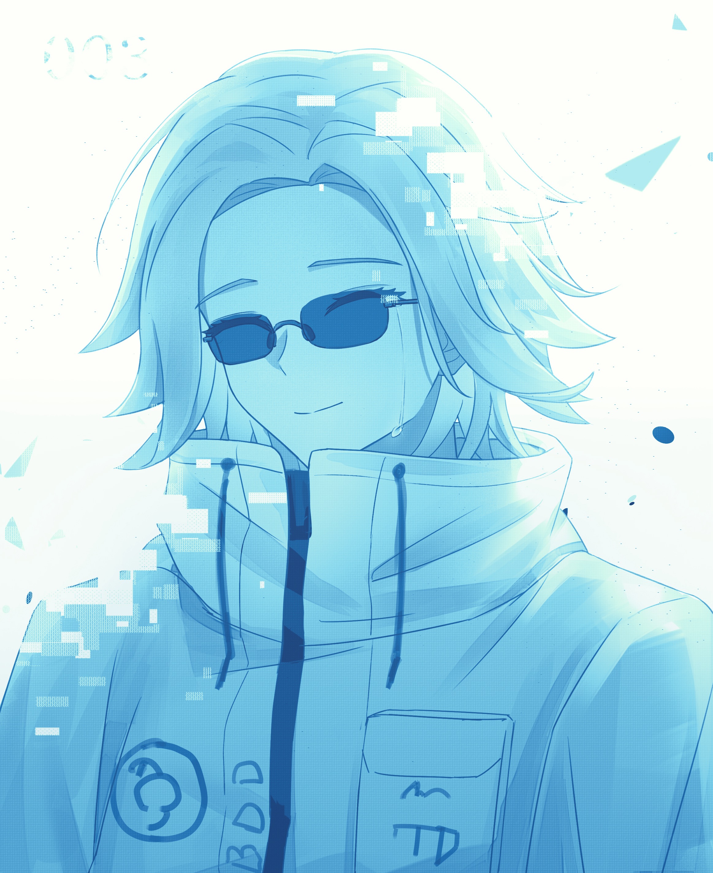 aotsuki eito, the hundred line -last defense academy-, absurdres, chinese commentary, commentary, highres, variant set, 1boy, ^ ^, backlighting, breast pocket, closed eyes, crying, facing viewer, glitch, grey hair, jacket, male focus, pocket, short hair, solo, sunglasses, upper body, white jacket, xinjinjumin270849759055