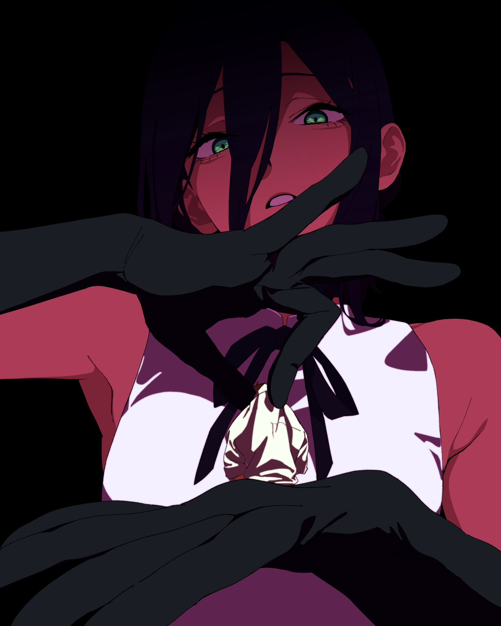 yulkuga, denji (chainsaw man), reze (chainsaw man), chainsaw man, highres, 1boy, 1girl, black background, black hair, black ribbon, colored skin, gloves, green eyes, hair between eyes, looking at viewer, parted lips, pink skin, ribbon, shirt, sleeveless, sleeveless shirt, white shirt