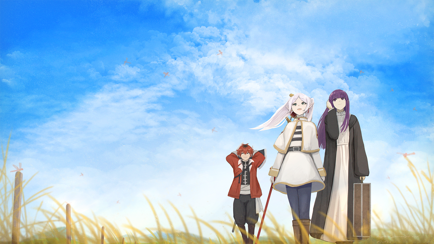 michikusaboushi (p o q), fern (sousou no frieren), frieren, stark (sousou no frieren), sousou no frieren, highres, 1boy, 2girls, arms at sides, arms behind head, bird, black cloak, blue sky, blunt bangs, boots, brown boots, cloak, closed mouth, cloud, day, dress, feet out of frame, field, green eyes, hair between eyes, hand in own hair, holding, holding staff, holding suitcase, jacket, long hair, long sleeves, multiple girls, open mouth, outdoors, parted bangs, purple eyes, purple hair, red hair, red jacket, sky, smile, staff, standing, suitcase, twintails, walking, white dress, white hair, wide shot, wind
