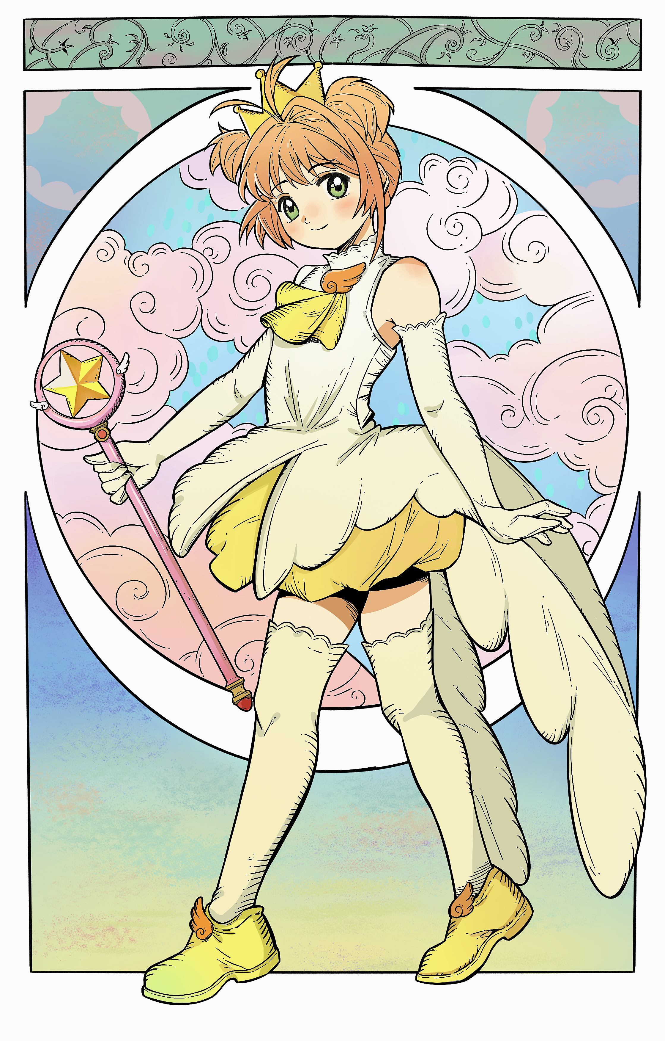 kinomoto sakura, cardcaptor sakura, absurdres, chinese commentary, commentary request, highres, 1girl, antenna hair, ascot, bare shoulders, blue background, boots, border, brooch, brown hair, bubble skirt, closed mouth, cloud, cloud background, coattails, crown, dress, elbow gloves, feather-trimmed dress, full body, gloves, green eyes, hair intakes, happy, holding, holding wand, jewelry, knees, light blush, looking at viewer, magical girl, miniskirt, outside border, pleated skirt, short dress, short hair with long locks, single sidelock, skirt, skirt under dress, sleeveless, sleeveless dress, smile, solo, standing, star wand, tareme, thighhighs, turtleneck, turtleneck dress, two side up, walking, wand, white border, white dress, white gloves, white thighhighs, wing brooch, winged wand, yellow ascot, yellow boots, yellow crown, yellow skirt, yonghu230350137, zettai ryouiki