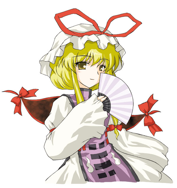kotowari (newtype kenkyuujo), yakumo yukari, touhou, 1girl, blonde hair, female focus, folding fan, hand fan, solo, yellow eyes