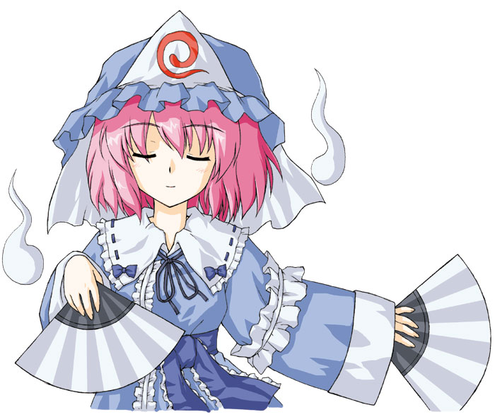 kotowari (newtype kenkyuujo), saigyouji yuyuko, touhou, 1girl, closed eyes, dual wielding, female focus, folding fan, hand fan, hat, holding, pink hair, solo