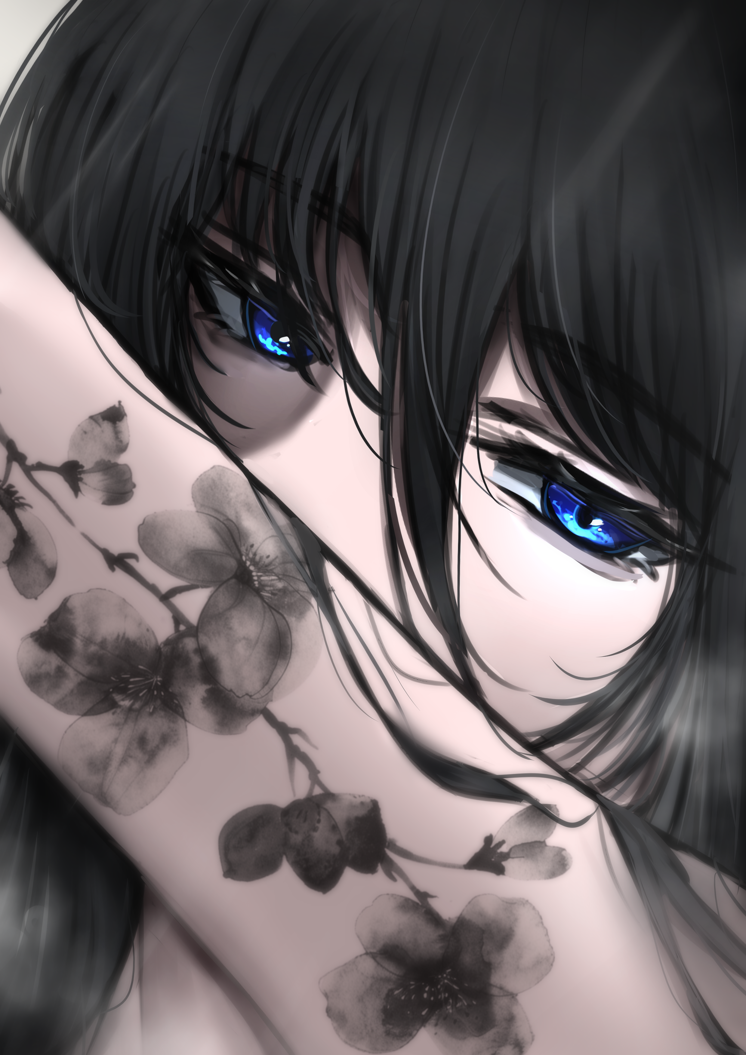 lominoes, original, absurdres, commentary request, highres, 1girl, arm tattoo, arm up, black hair, blue eyes, close-up, flower tattoo, hair between eyes, long hair, looking at viewer, solo, tattoo, upper body