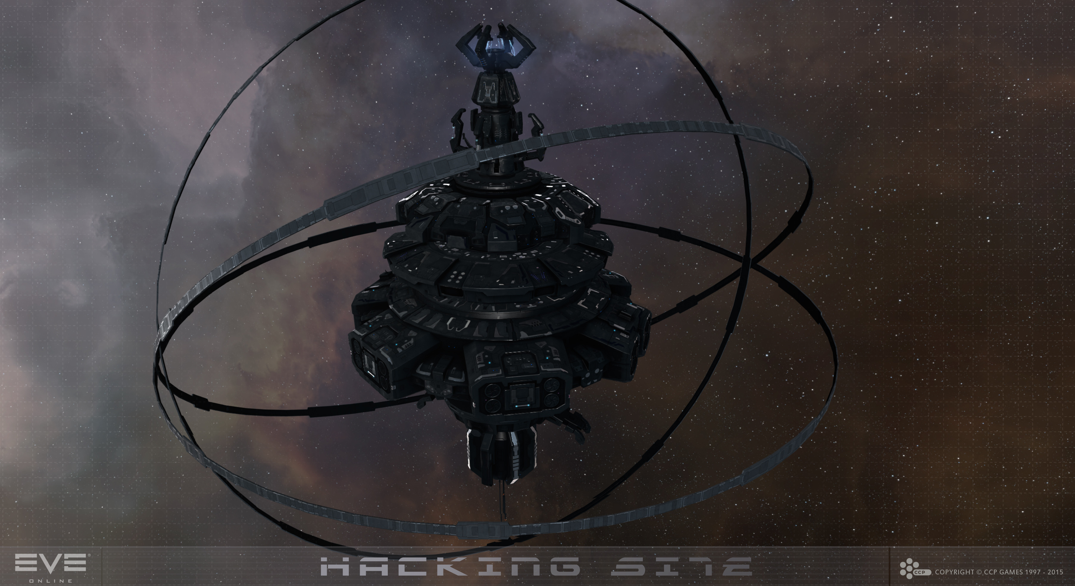 eve online, absurdres, commentary, english commentary, highres, maya (medium), official art, 3d, brown background, building, cloud, company logo, company name, copyright logo, copyright name, data site (eve online), dated, electricity, glowing, grid, logo, no humans, outdoors, realistic, science fiction, space station, star (sky), starry sky background, ymir jonsson