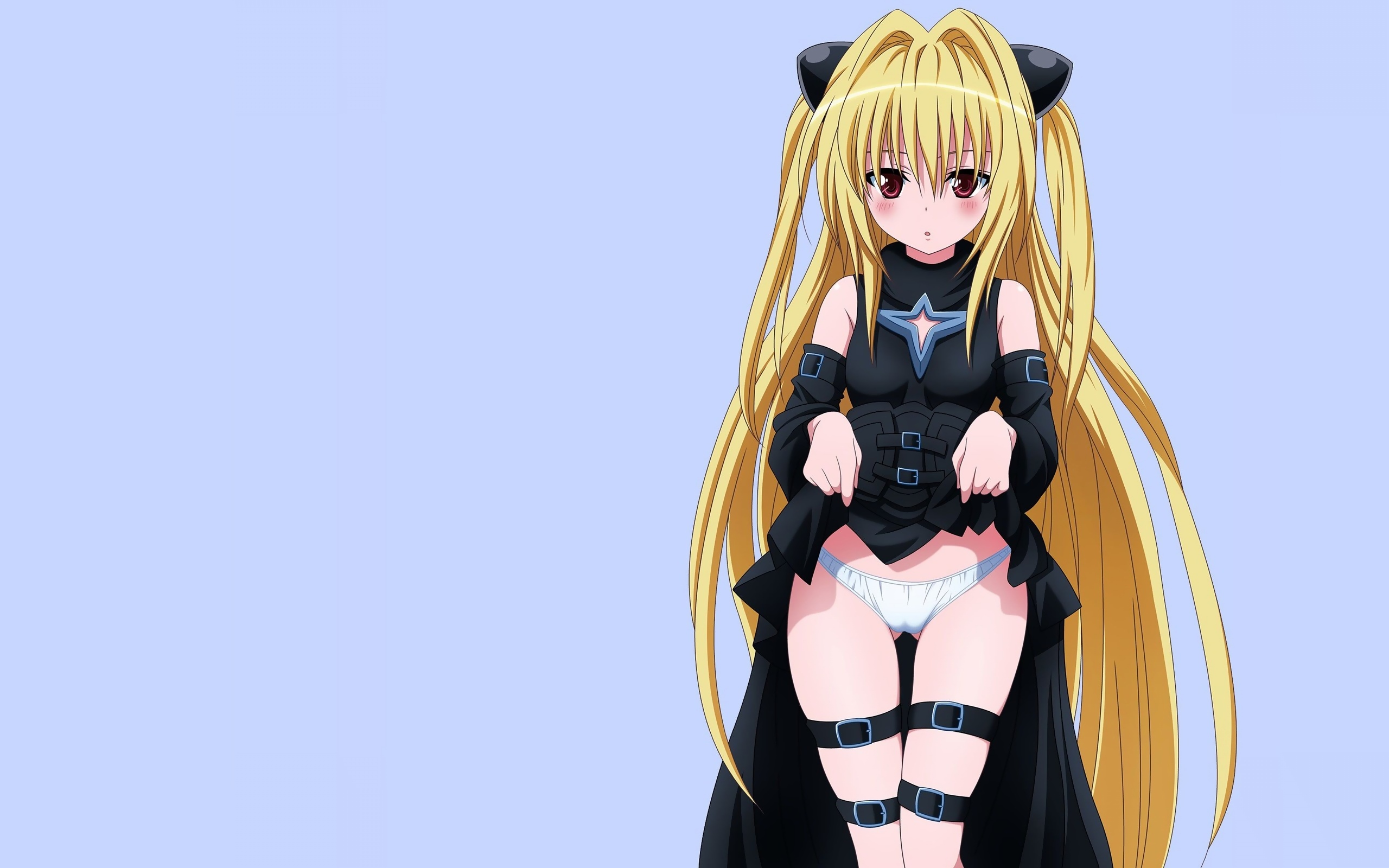 konjiki no yami, to love-ru, highres, non-web source, 00s, bare shoulders, blonde hair, blush, clothes lift, detached sleeves, long hair, panties, red eyes, skirt, skirt lift, solo, strap, thigh strap, twintails, two side up, underwear, very long hair