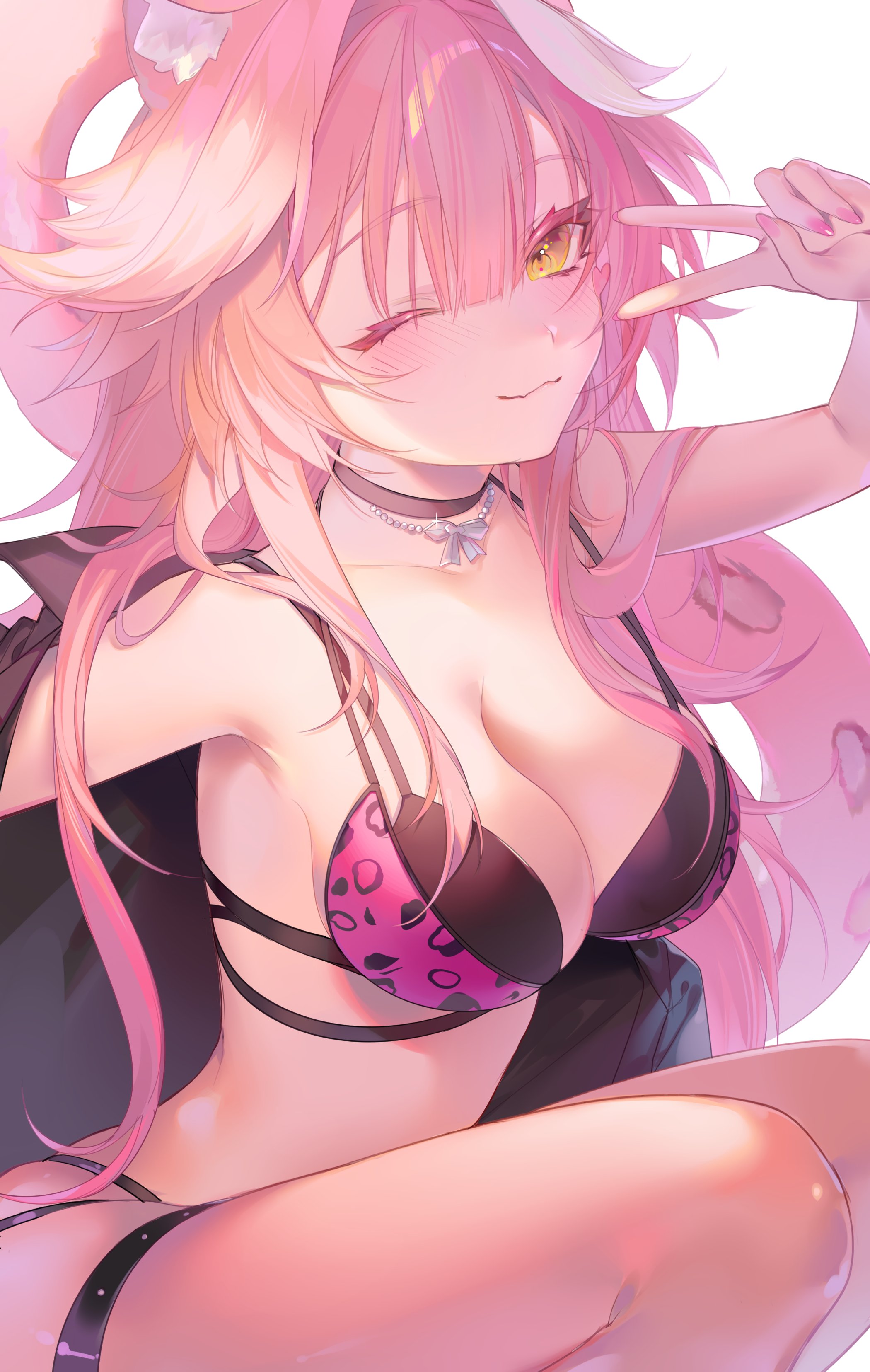 erisunyaan, raora panthera, raora panthera (holonatsu paradise), hololive, hololive english, absurdres, highres, 1girl, ;3, animal ears, animal print, bikini, black bikini, black jacket, breasts, jacket, large breasts, layered bikini, leopard print, leopard print bikini, long hair, looking at viewer, official alternate costume, one eye closed, panther ears, panther girl, panther tail, pink bikini, pink hair, pink nails, print bikini, solo, swimsuit, tail, thigh strap, v, virtual youtuber, white background, yellow eyes