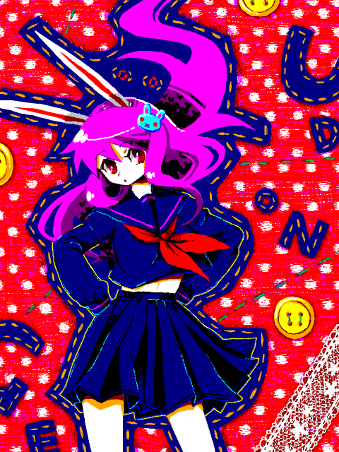 mot, reisen udongein inaba, touhou, bad id, bad pixiv id, 1girl, alternate costume, animal ears, female focus, hair ornament, hairclip, purple hair, rabbit ears, red eyes, school uniform, serafuku, skirt, solo
