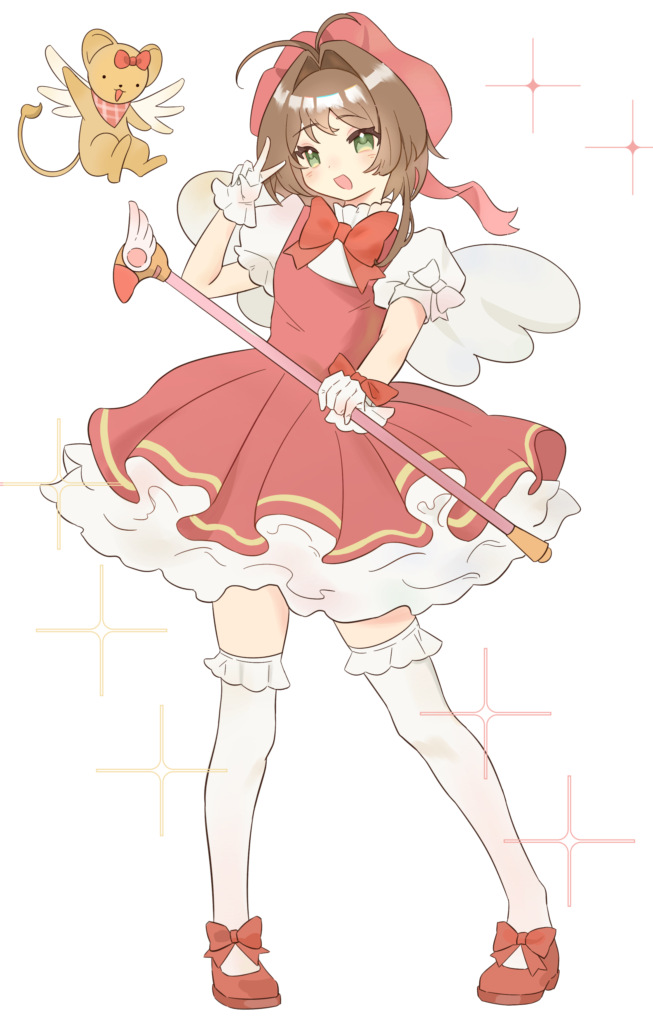 kero (cardcaptor sakura), kinomoto sakura, cardcaptor sakura, absurdres, chinese commentary, commentary request, highres, 1girl, angel wings, antenna hair, beret, bow, bowtie, brown hair, dot nose, dress, eyelashes, ferret, footwear bow, frilled gloves, frilled sleeves, frilled thighhighs, frills, full body, gloves, green eyes, hair bow, hair intakes, happy, hat, hat ribbon, holding, holding wand, light blush, looking at viewer, magical girl, mary janes, open mouth, pink dress, pink hat, pink ribbon, pink scarf, plaid clothes, plaid scarf, puffy short sleeves, puffy sleeves, red bow, red bowtie, red shoes, ribbon, scarf, shirt, shirt under dress, shoes, short dress, short hair with long locks, short sleeves, simple background, single sidelock, sleeve bow, smile, sparkle, standing, thighhighs, tsurime, v, wand, white background, white bow, white gloves, white shirt, white thighhighs, white wings, winged animal, wings, wrist bow, yonghu230350137, zettai ryouiki