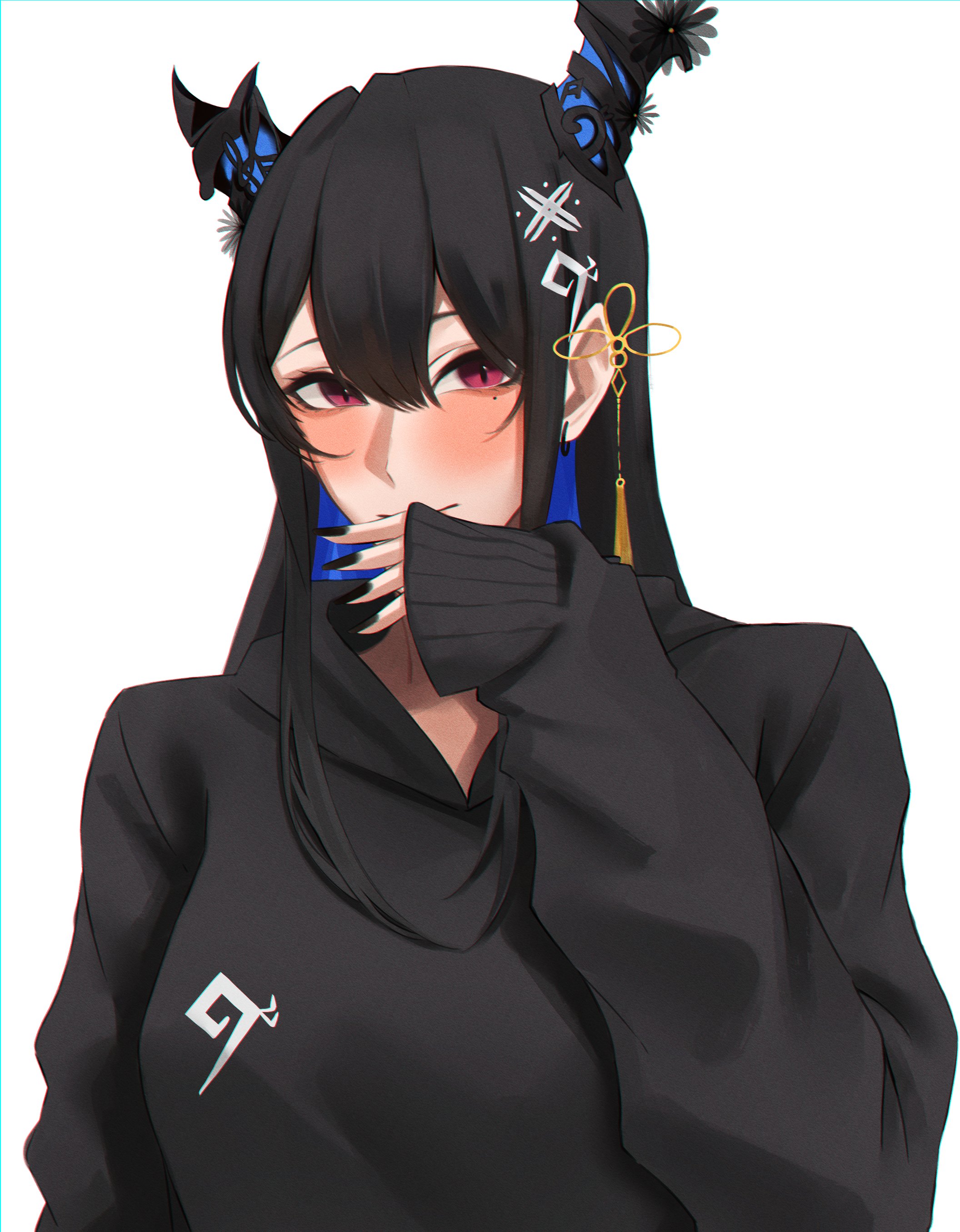 linyi, nerissa ravencroft, hololive, hololive english, absurdres, highres, 1girl, asymmetrical horns, black hair, black hoodie, black horns, black nails, blue hair, colored inner hair, hood, hoodie, horns, looking at viewer, mole, mole under eye, multicolored hair, red eyes, simple background, solo, virtual youtuber, white background