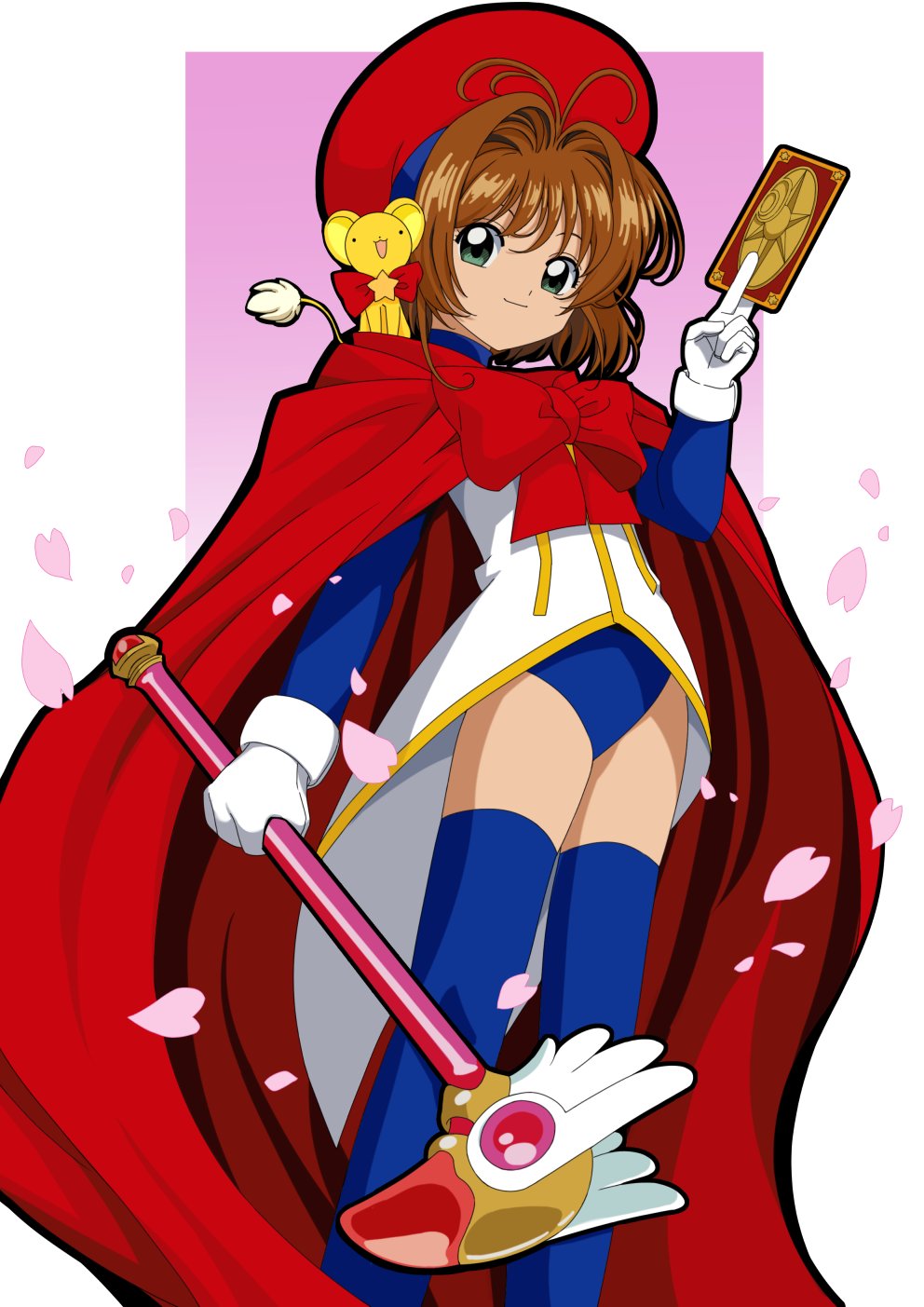 gesugesu ahoaho, clow card, kero (cardcaptor sakura), kinomoto sakura, kinomoto sakura (shadowy night), cardcaptor sakura, highres, 1girl, blue leotard, blue thighhighs, bob cut, bow, brown hair, card, cloak, closed mouth, cowboy shot, falling petals, green eyes, hat, holding, holding card, holding staff, leotard, looking at viewer, magical girl, petals, red bow, red cloak, red hat, rose petals, short hair, smile, staff, thighhighs